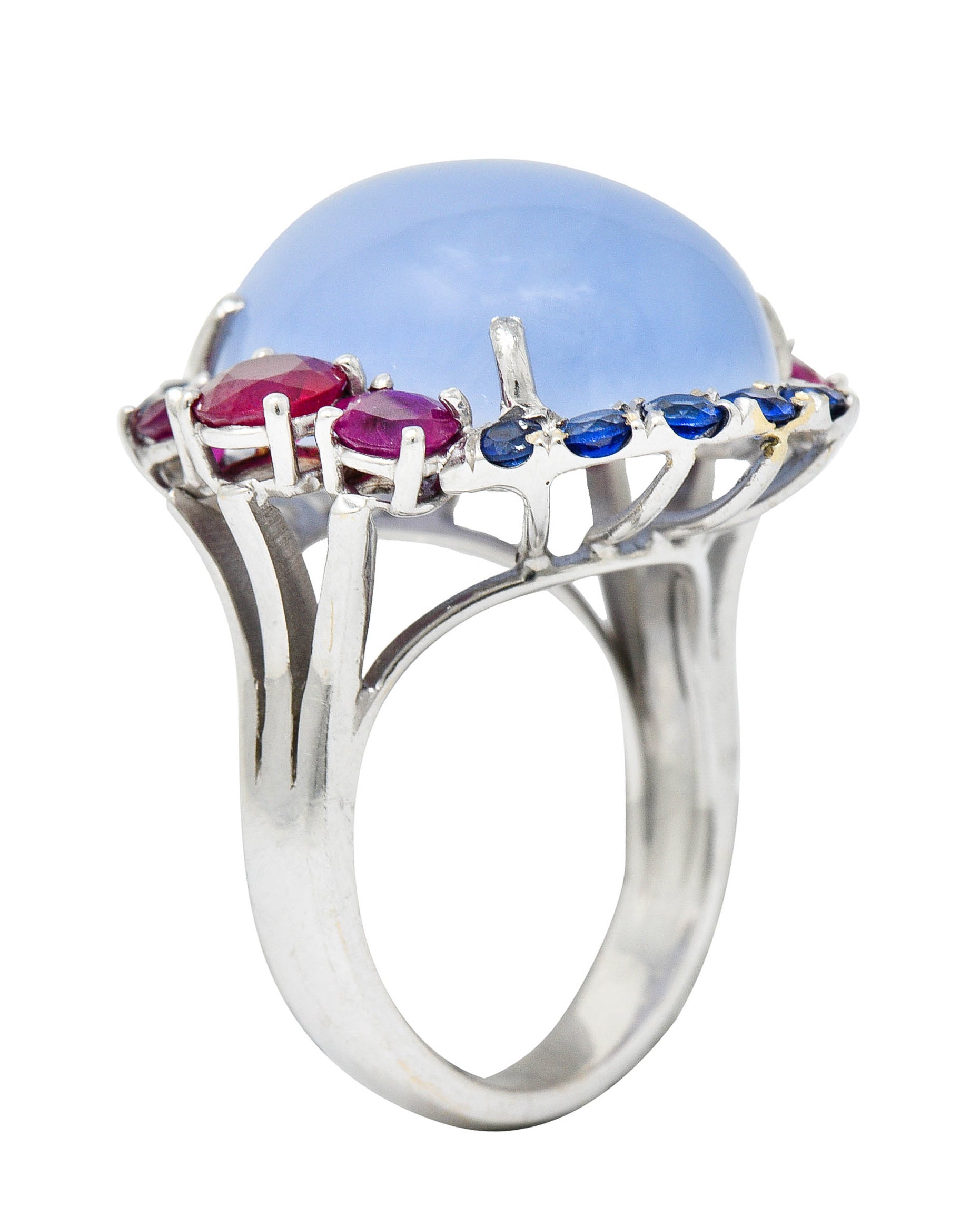 Vintage Blue Chalcedony 2.55 CTW Ruby Sapphire 18 Karat White Gold Cocktail RingRing - Wilson's Estate Jewelry