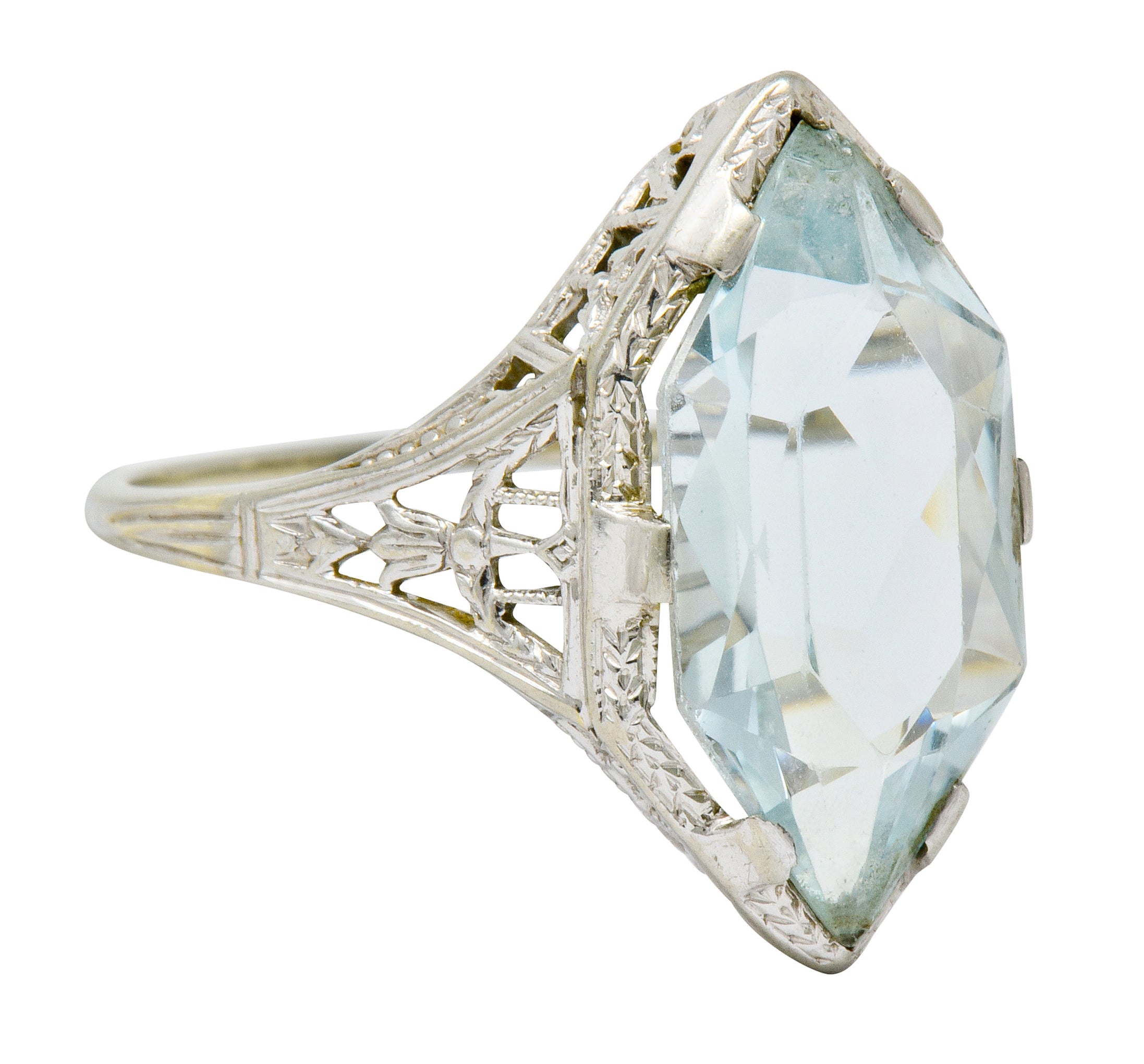 Art Deco Aquamarine 18 Karat White Gold Navette Dinner Ring - Wilson's Estate Jewelry