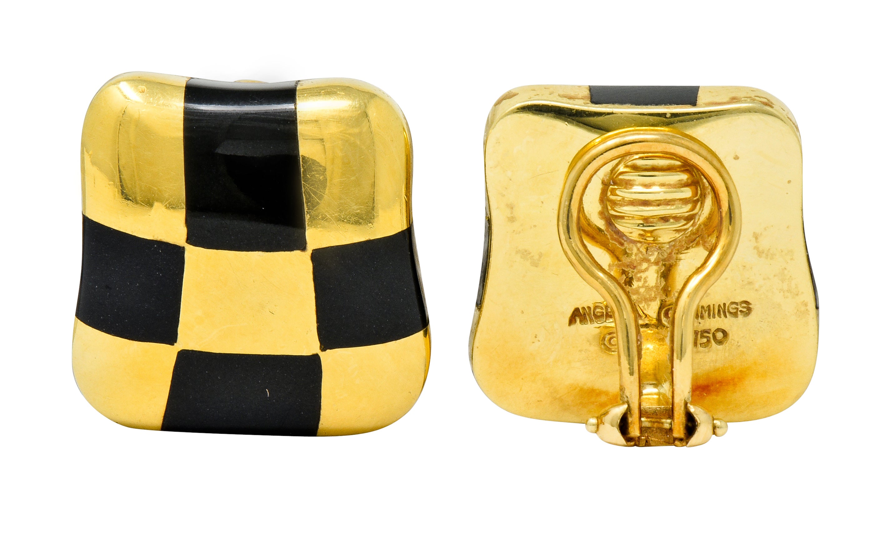 Angela Cummings Enamel 18 Karat Gold Checkerboard Ear-Clip Earrings - Wilson's Estate Jewelry