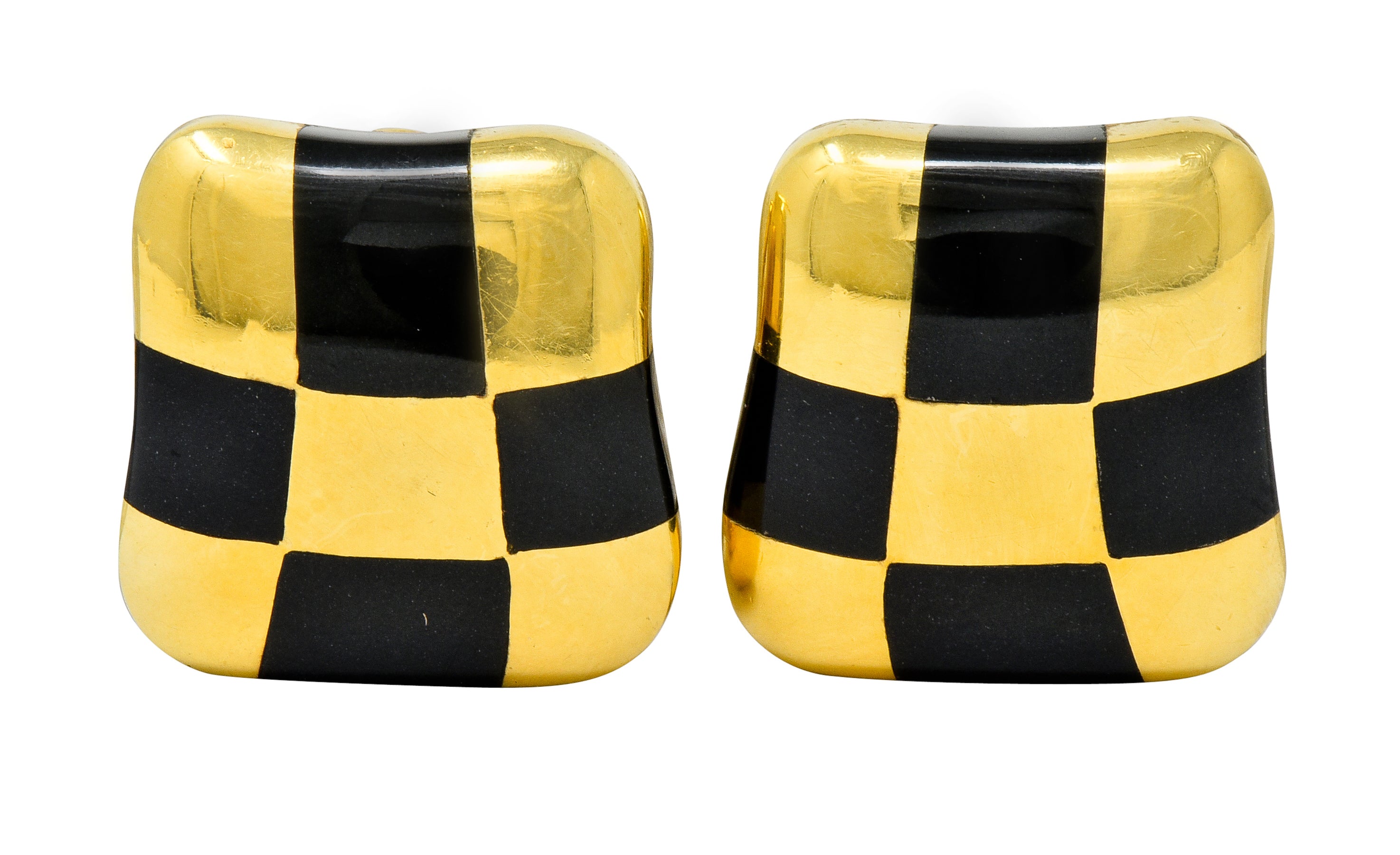 Angela Cummings Enamel 18 Karat Gold Checkerboard Ear-Clip Earrings - Wilson's Estate Jewelry