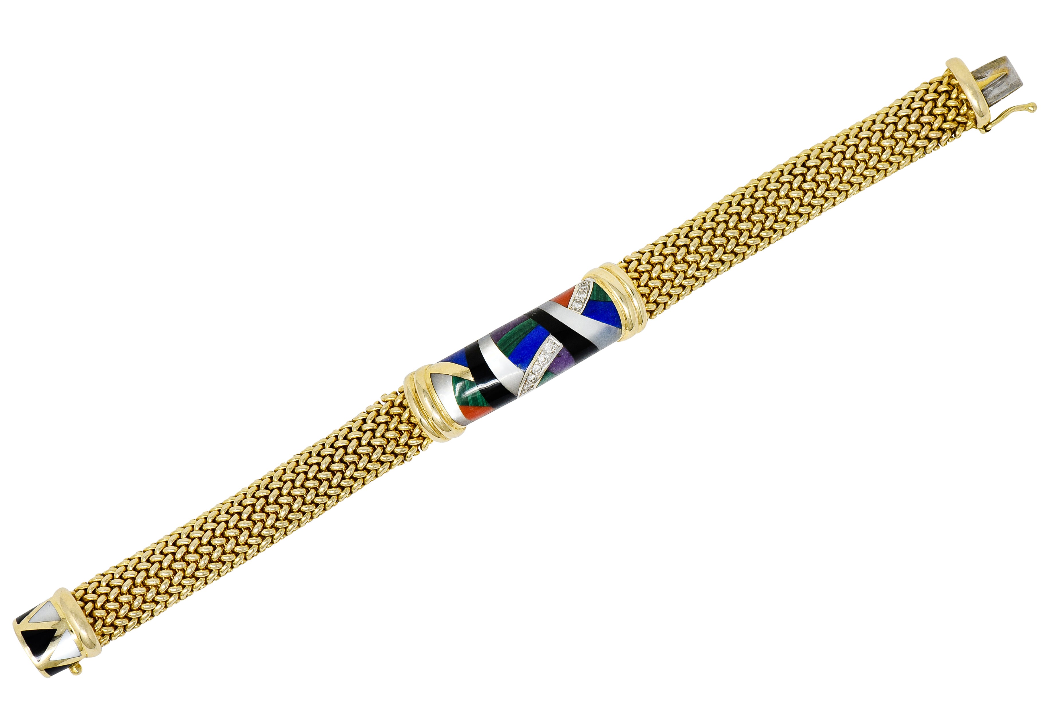 Asch Grossbardt Vintage Diamond Gemstone Inlay 14 Karat Gold Mesh Bracelet - Wilson's Estate Jewelry