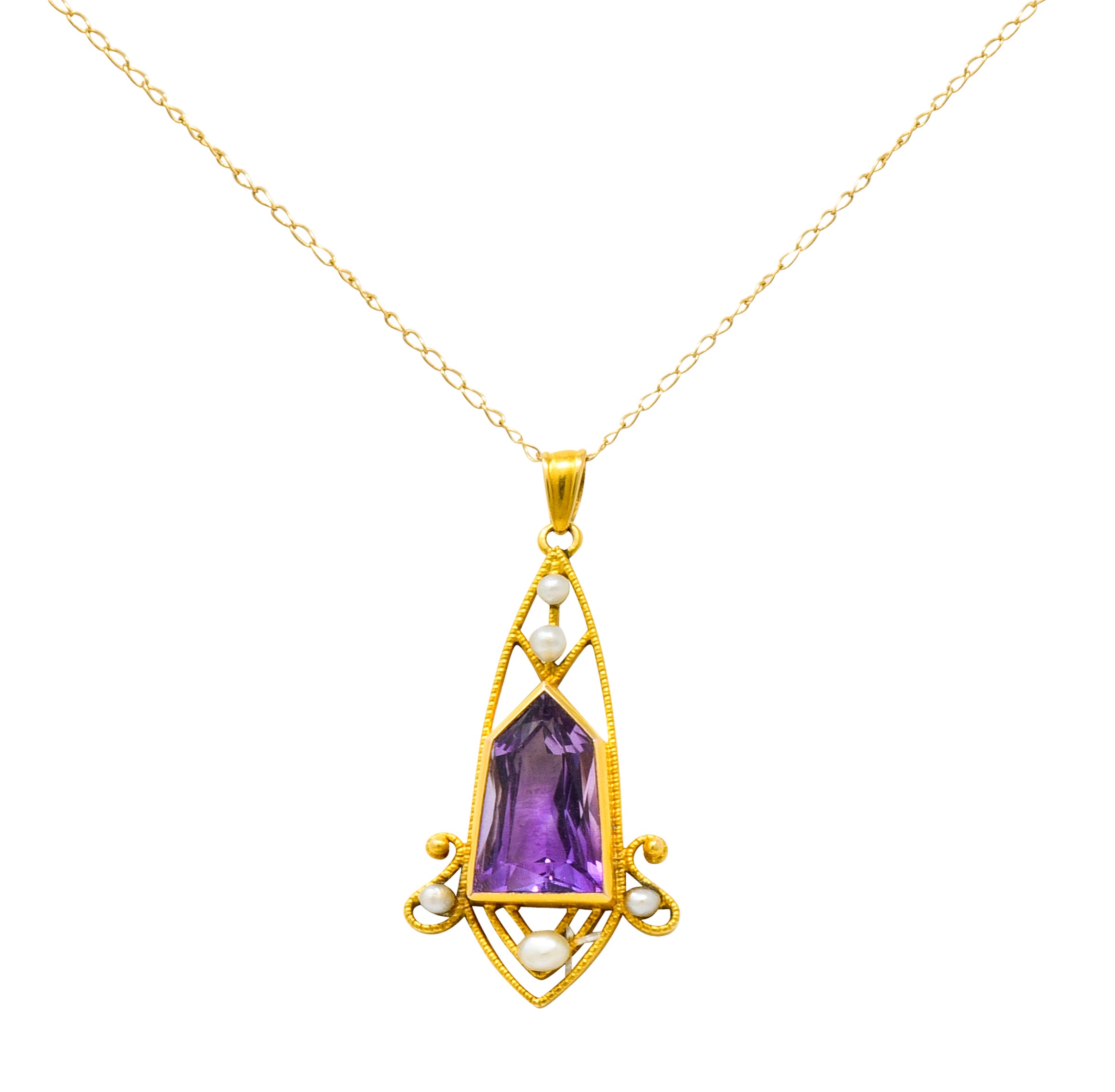 Art Nouveau Freshwater Pearl Fantasy Cut Amethyst 14 Karat Gold Pendant Necklace - Wilson's Estate Jewelry