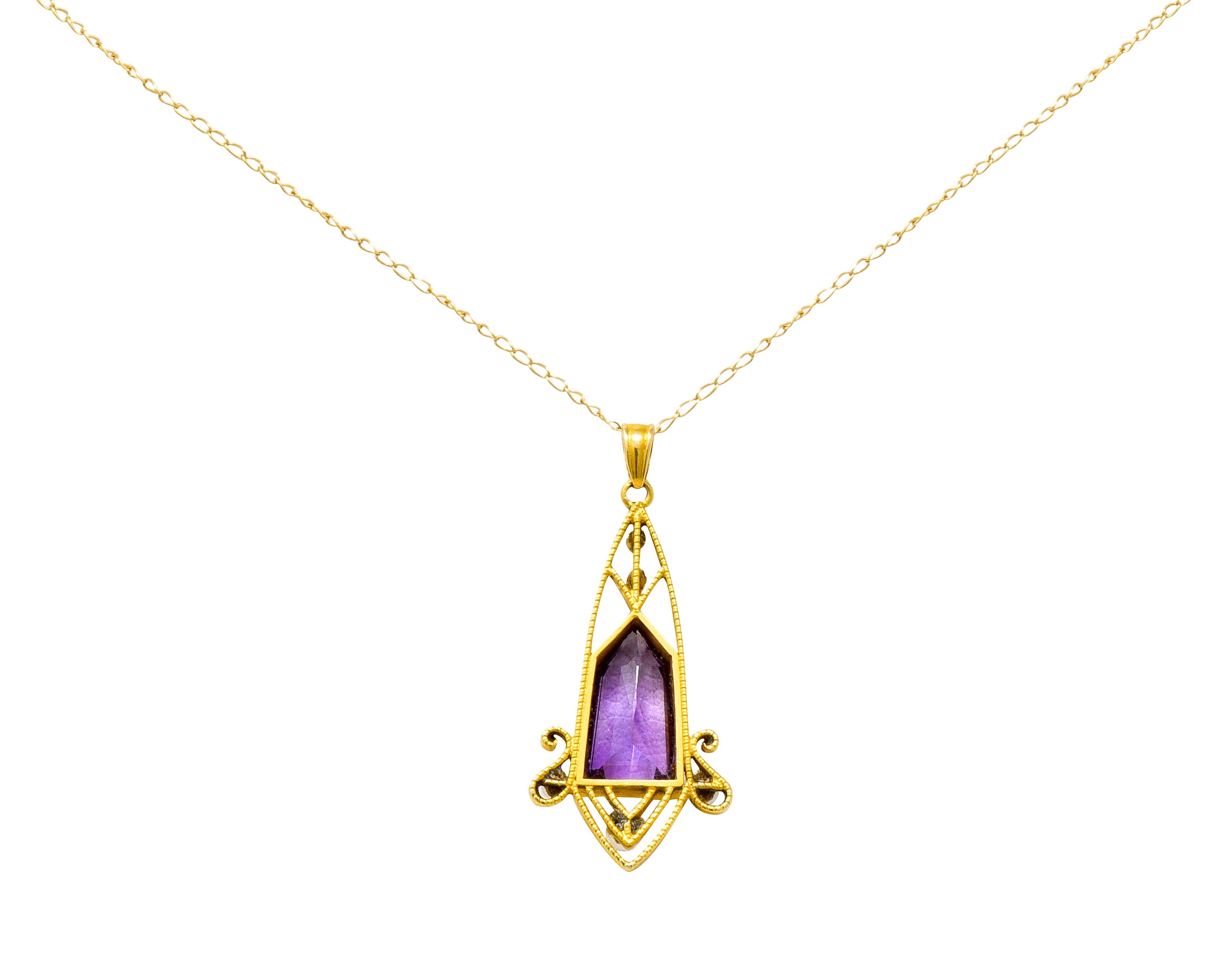 Art Nouveau Freshwater Pearl Fantasy Cut Amethyst 14 Karat Gold Pendant Necklace - Wilson's Estate Jewelry