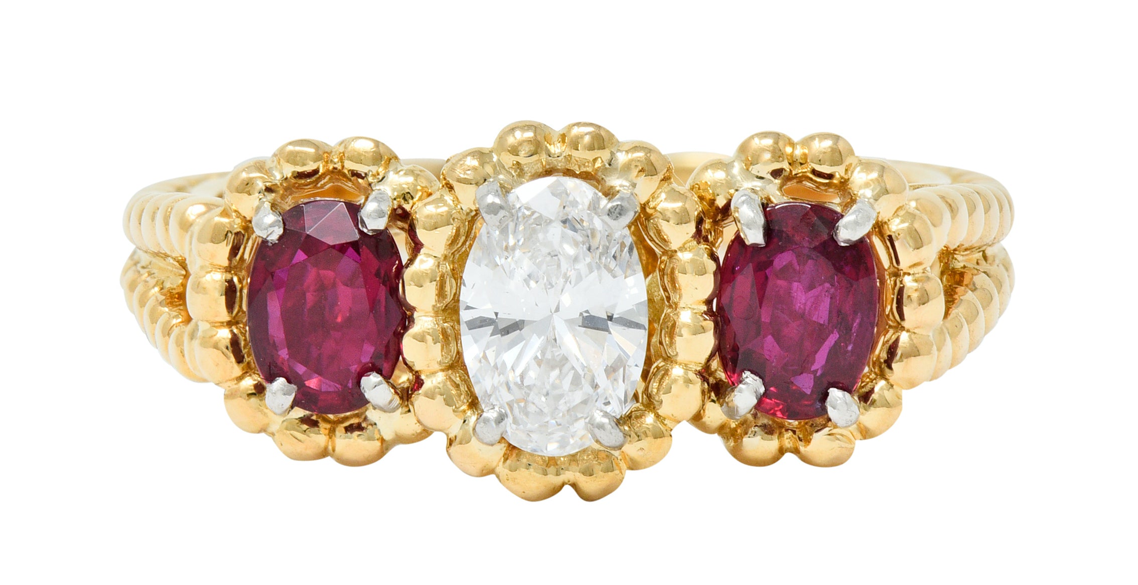 Oscar Heyman 1.07 CTW Diamond Ruby 18 Karat Gold Platinum Three Stone RingRing - Wilson's Estate Jewelry