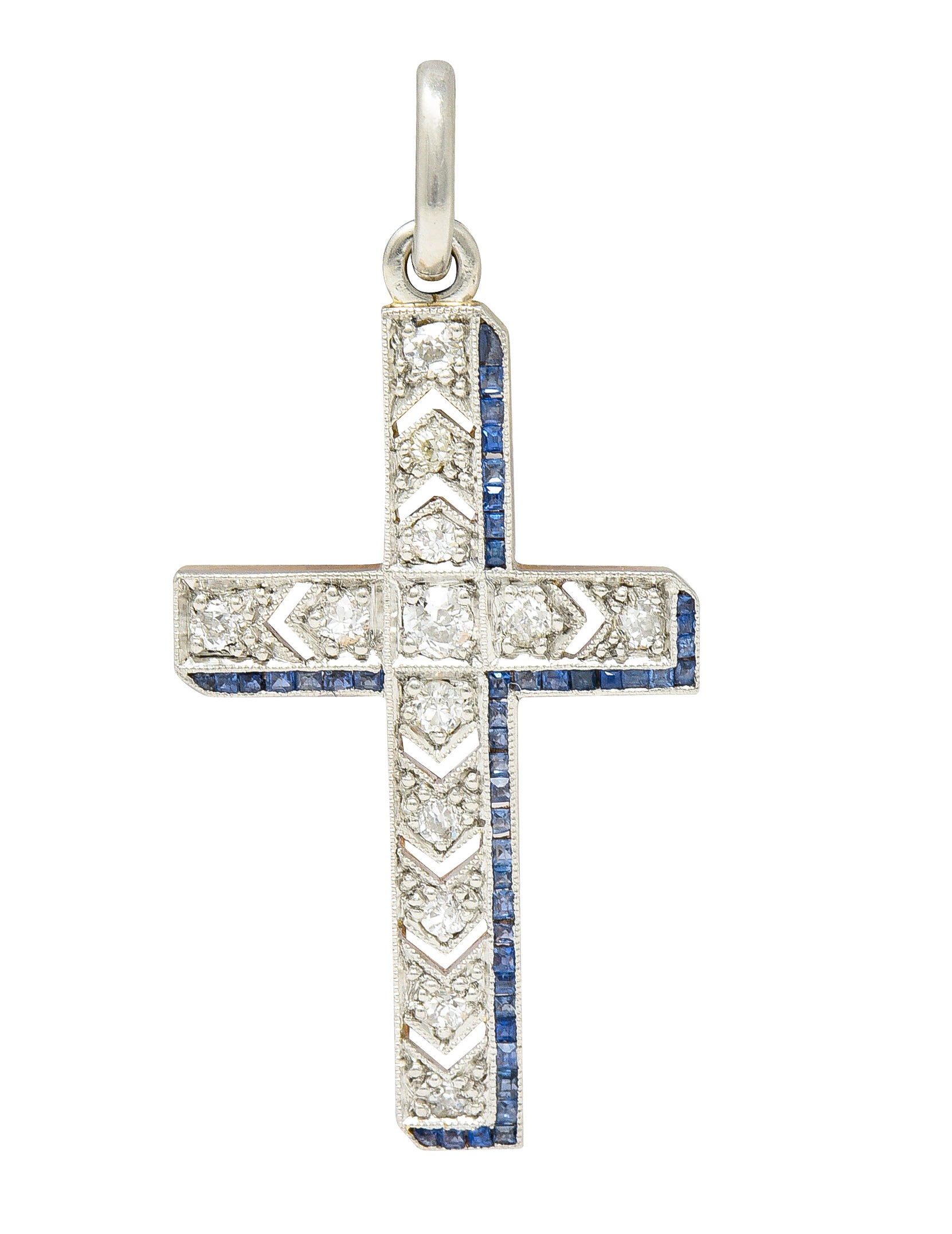 Art Deco 0.75 CTW Diamond Sapphire Platinum-Topped 14 Karat Yellow Gold Arrow Cross Pendant Wilson's Estate Jewelry