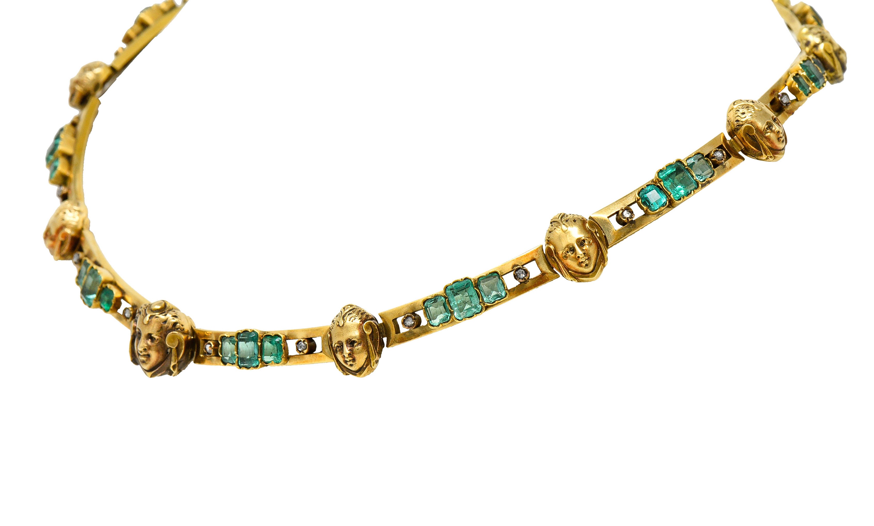 French Art Nouveau Emerald Diamond 18 Karat Gold Figural Collar NecklaceNecklace - Wilson's Estate Jewelry