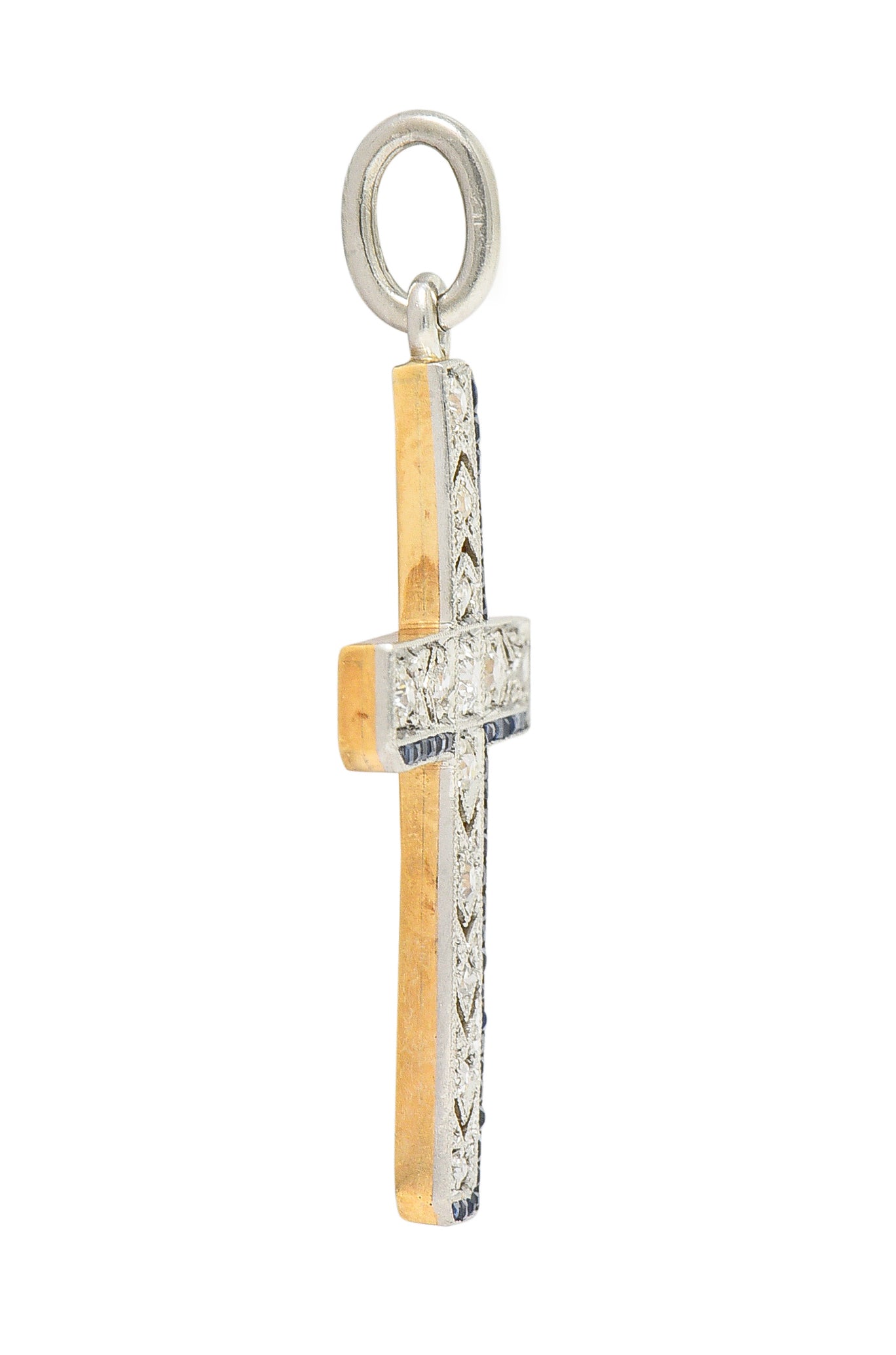 Art Deco 0.75 CTW Diamond Sapphire Platinum-Topped 14 Karat Yellow Gold Arrow Cross Pendant Wilson's Estate Jewelry