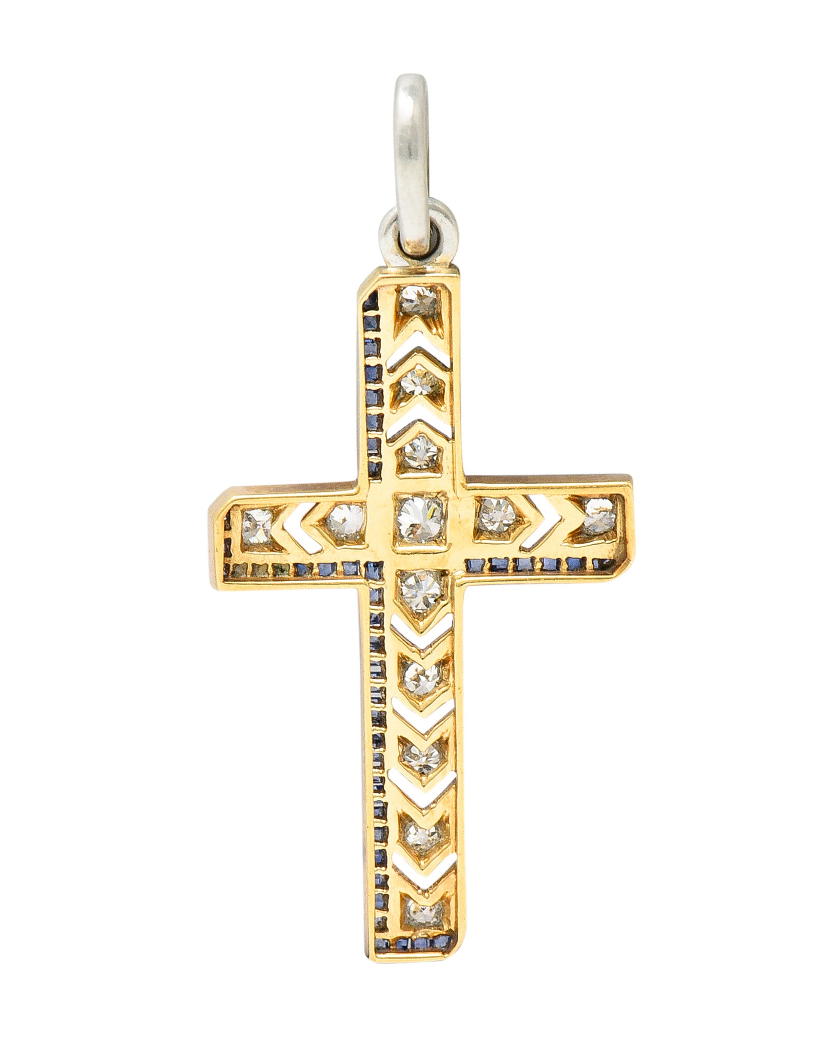 Art Deco 0.75 CTW Diamond Sapphire Platinum-Topped 14 Karat Yellow Gold Arrow Cross Pendant Wilson's Estate Jewelry