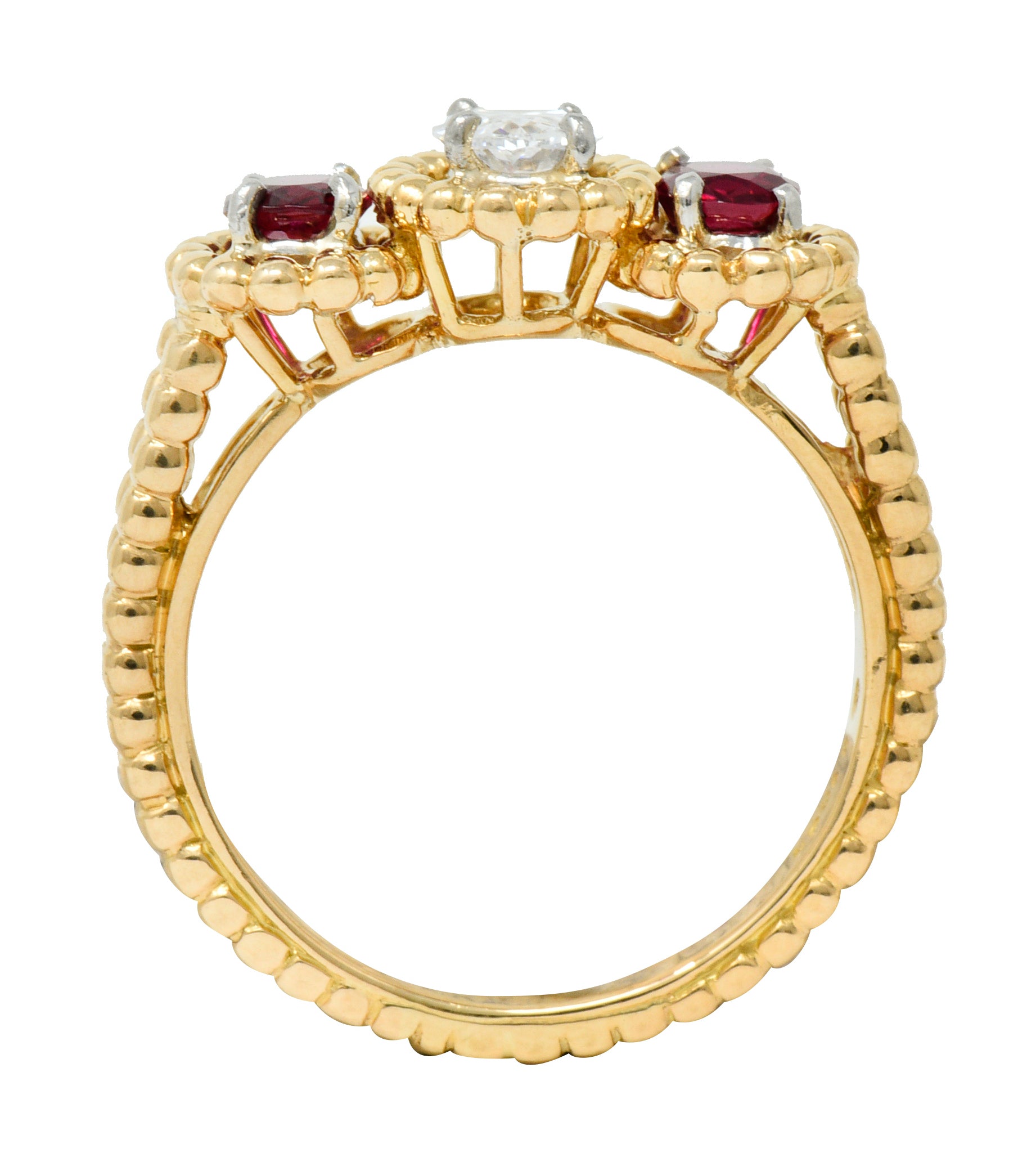 Oscar Heyman 1.07 CTW Diamond Ruby 18 Karat Gold Platinum Three Stone RingRing - Wilson's Estate Jewelry