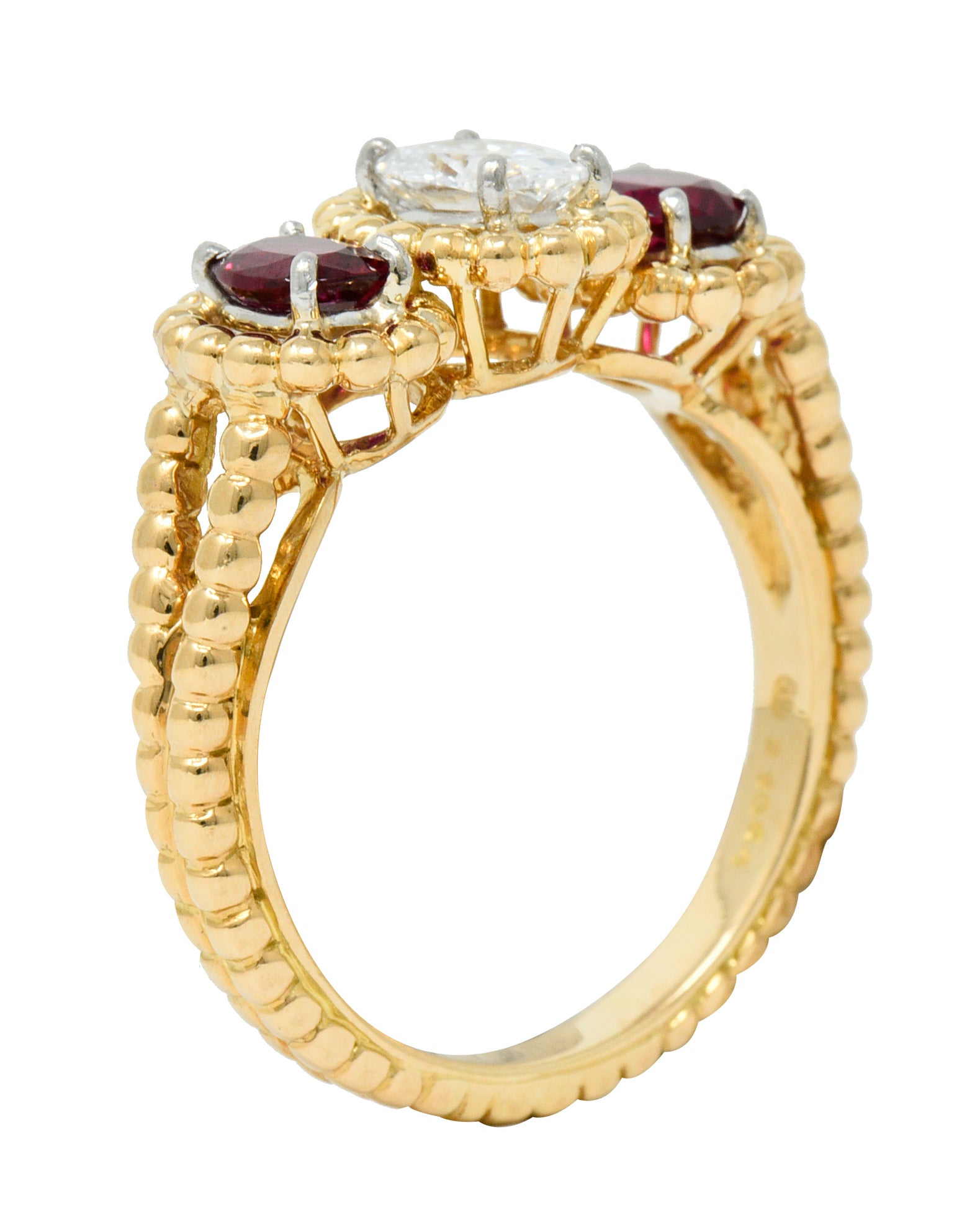 Oscar Heyman 1.07 CTW Diamond Ruby 18 Karat Gold Platinum Three Stone RingRing - Wilson's Estate Jewelry