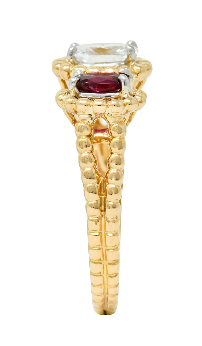 Oscar Heyman 1.07 CTW Diamond Ruby 18 Karat Gold Platinum Three Stone RingRing - Wilson's Estate Jewelry