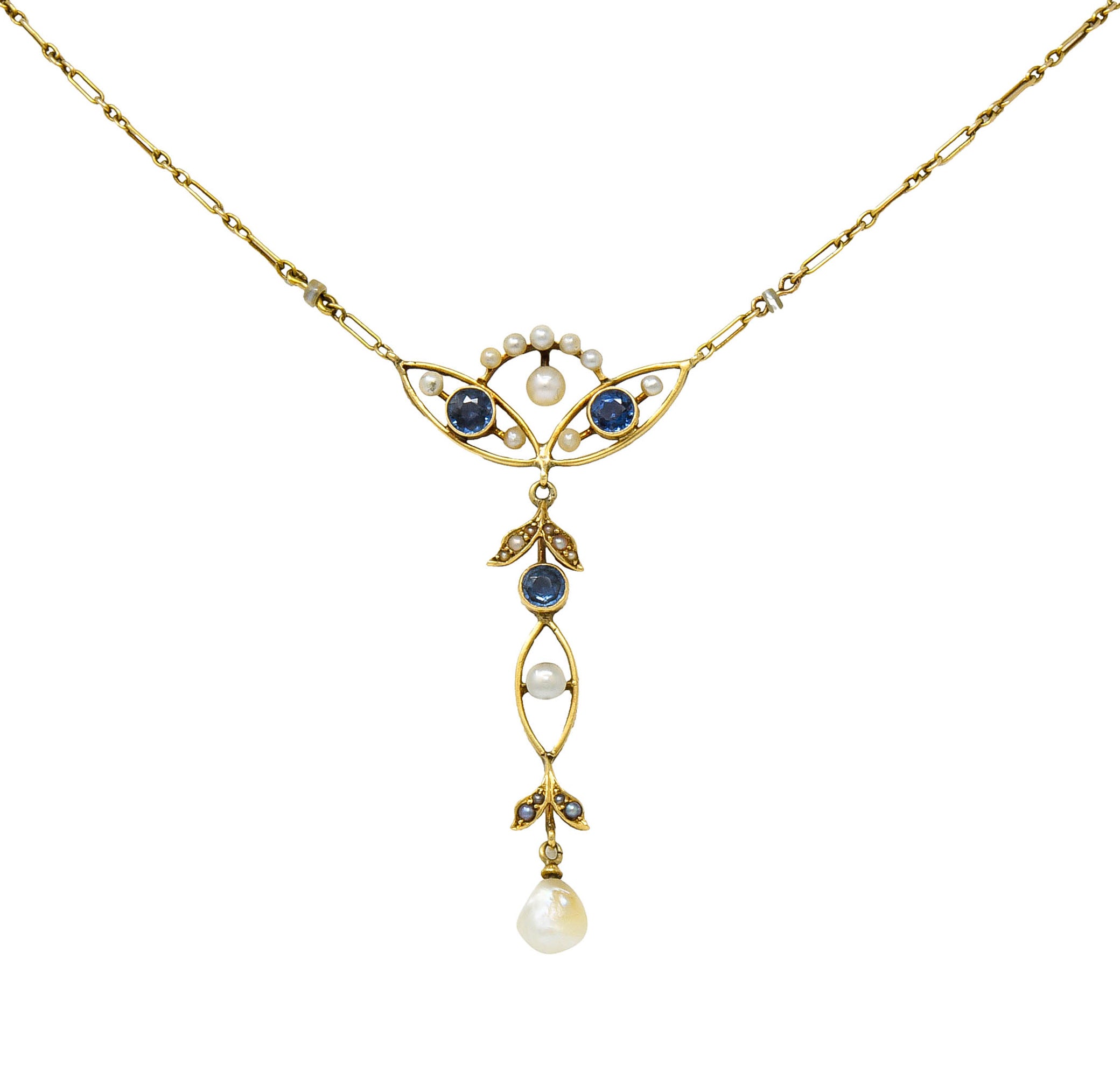 Art Nouveau Sapphire Pearl 14 Karat Gold Ornate Station NecklaceNecklace - Wilson's Estate Jewelry