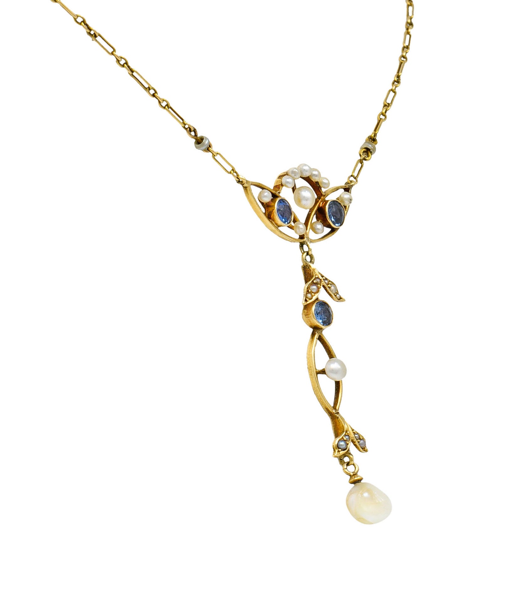 Art Nouveau Sapphire Pearl 14 Karat Gold Ornate Station NecklaceNecklace - Wilson's Estate Jewelry