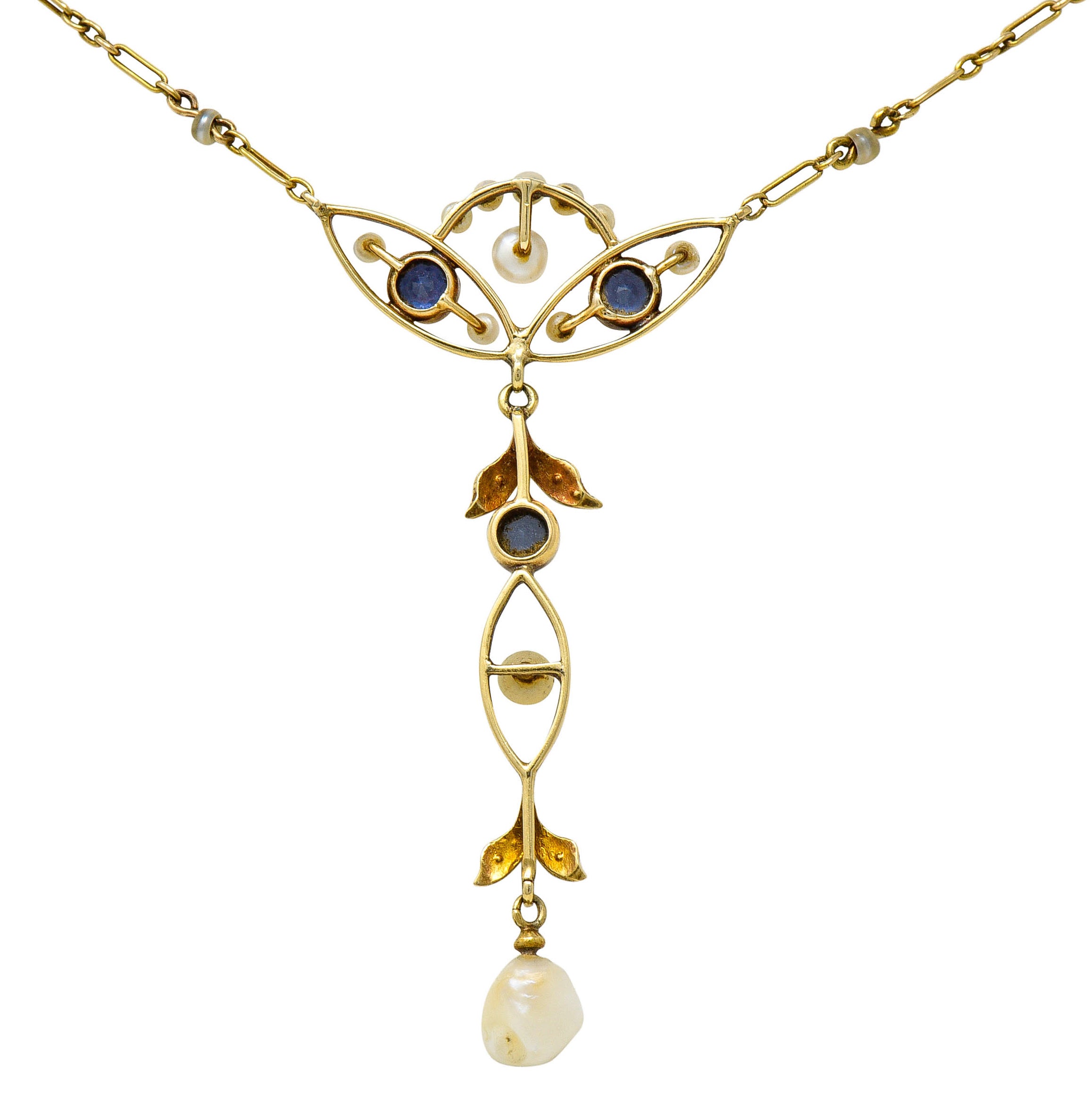 Art Nouveau Sapphire Pearl 14 Karat Gold Ornate Station NecklaceNecklace - Wilson's Estate Jewelry