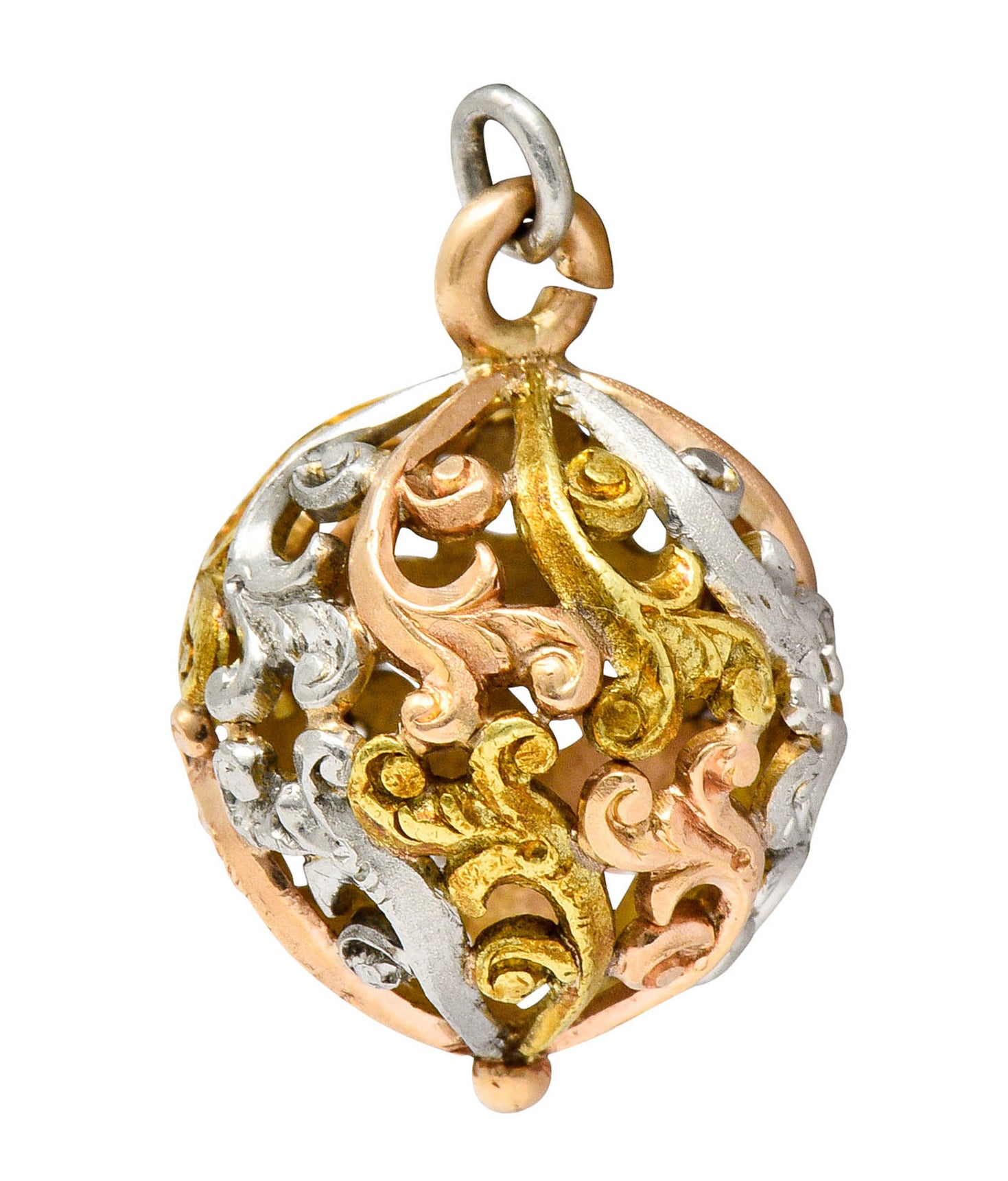 Art Nouveau 14 Karat Tri-Colored Gold Filigree Ball Charmcharm - Wilson's Estate Jewelry