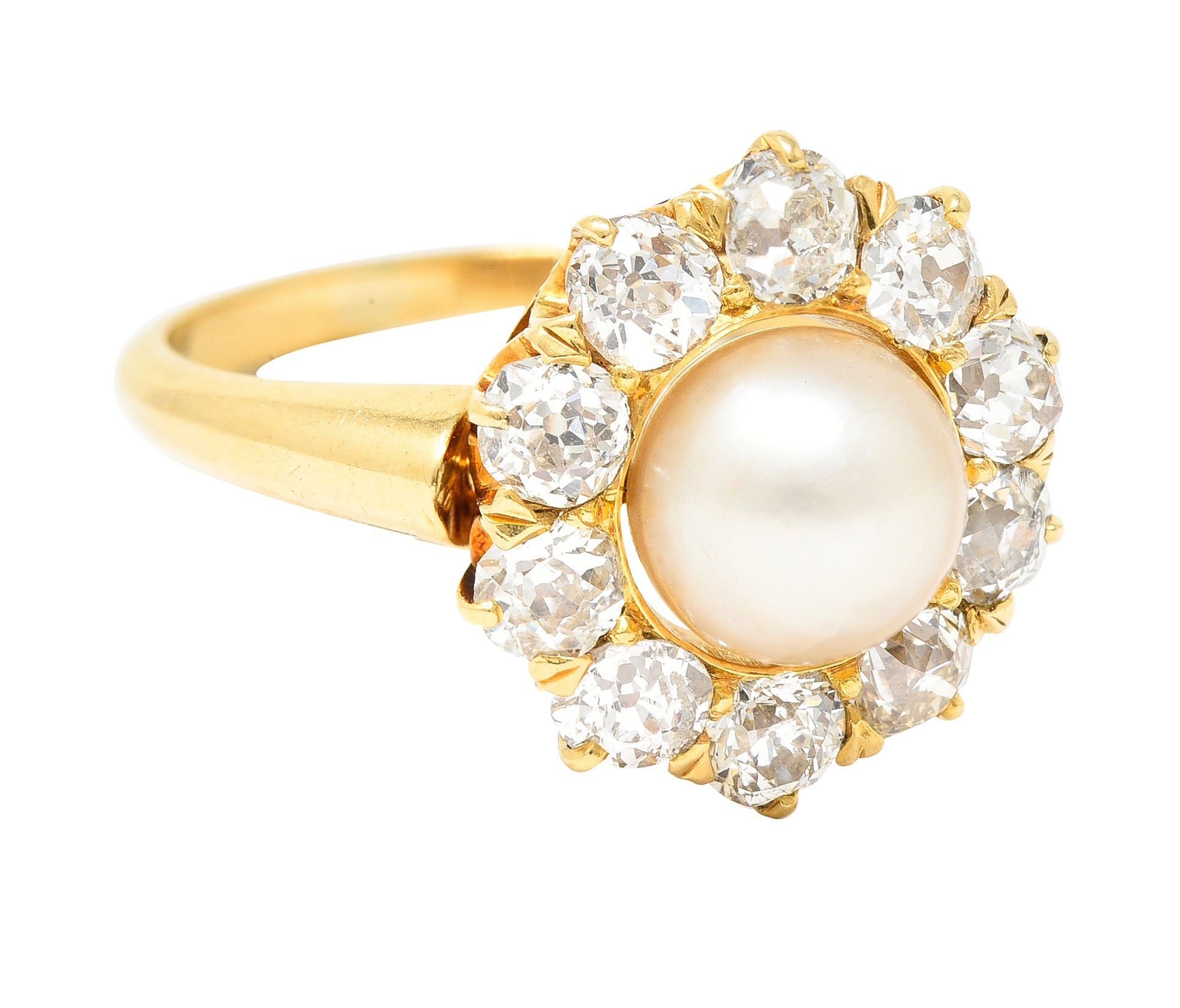 Victorian 0.80 CTW Old Mine Cut Diamond Natural Pearl 18 Karat Yellow Gold Antique Cluster Ring Wilson's Estate Jewelry