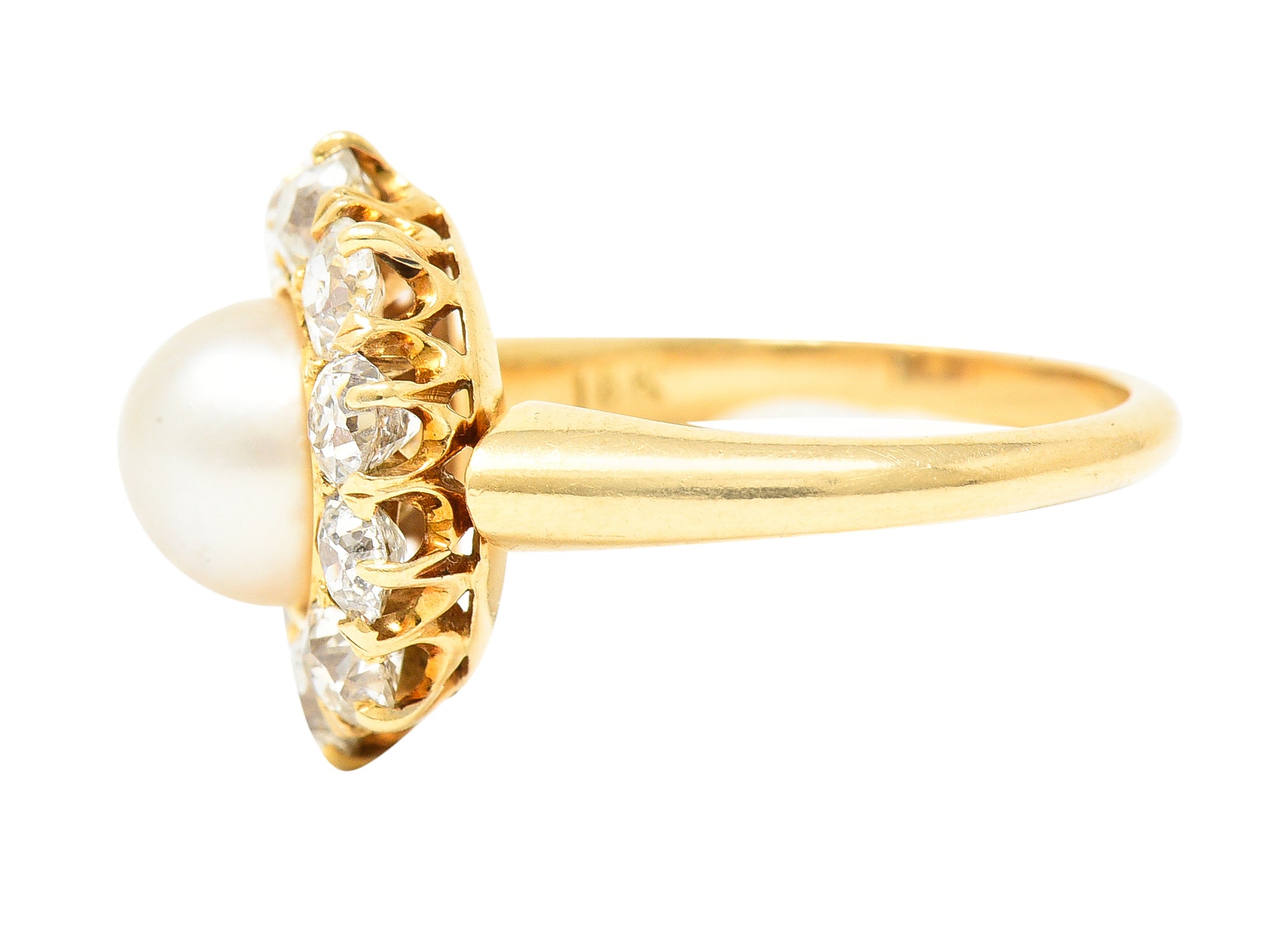 Victorian 0.80 CTW Old Mine Cut Diamond Natural Pearl 18 Karat Yellow Gold Antique Cluster Ring Wilson's Estate Jewelry