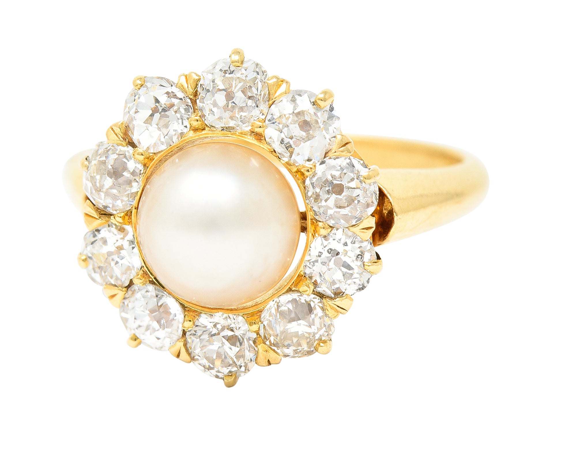 Victorian 0.80 CTW Old Mine Cut Diamond Natural Pearl 18 Karat Yellow Gold Antique Cluster Ring Wilson's Estate Jewelry