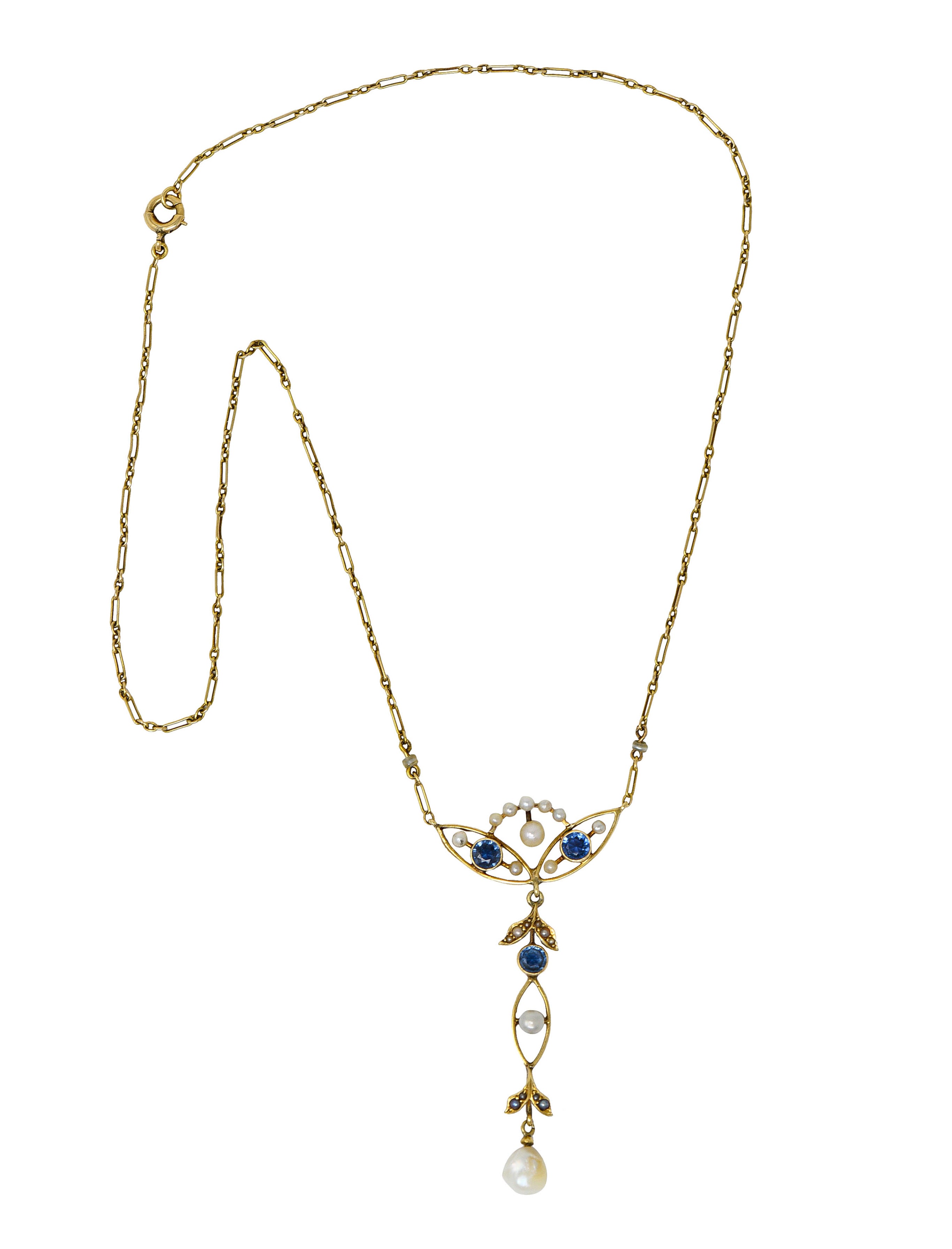 Art Nouveau Sapphire Pearl 14 Karat Gold Ornate Station NecklaceNecklace - Wilson's Estate Jewelry