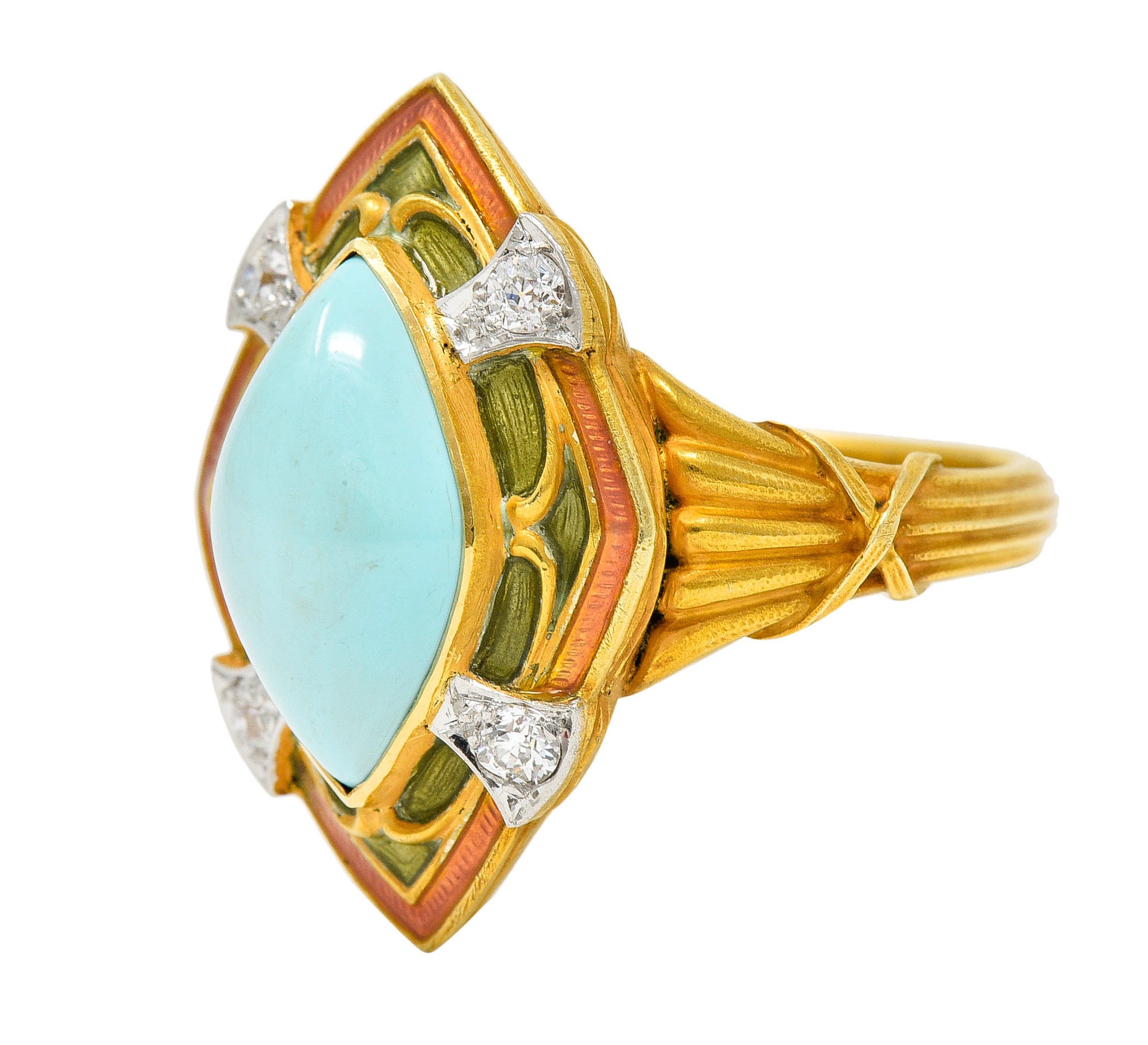 Art Nouveau Turquoise Diamond Enamel Platinum-Topped 14 Karat Gold Navette RingRing - Wilson's Estate Jewelry