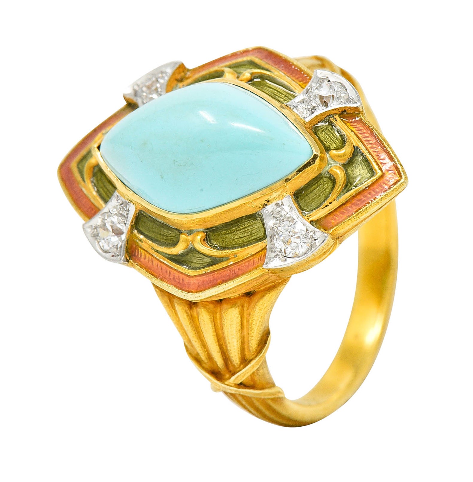 Art Nouveau Turquoise Diamond Enamel Platinum-Topped 14 Karat Gold Navette RingRing - Wilson's Estate Jewelry