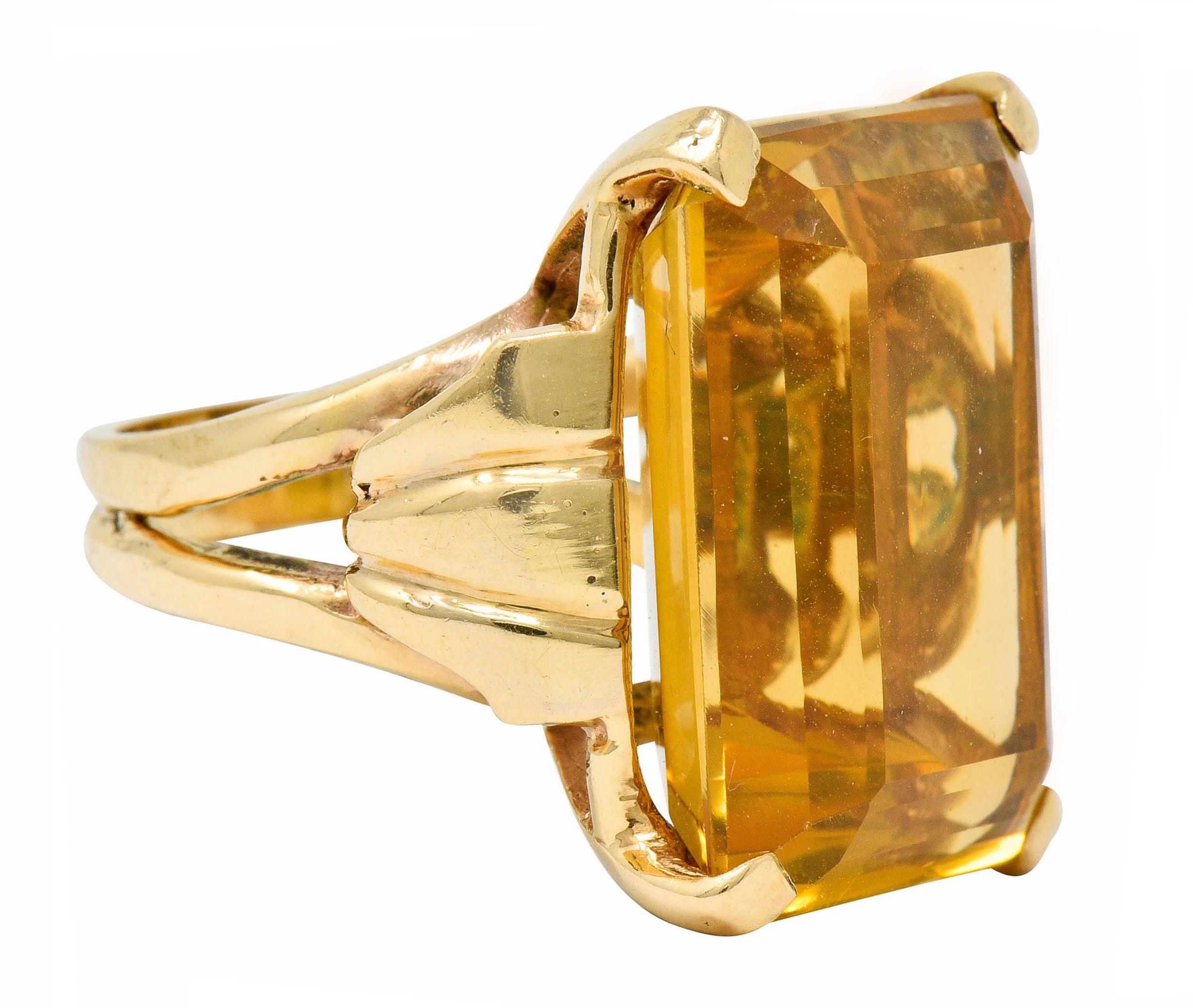 Retro Emerald Cut Citrine 14 Karat Gold Statement Ring Circa 1940 - Wilson's Estate Jewelry