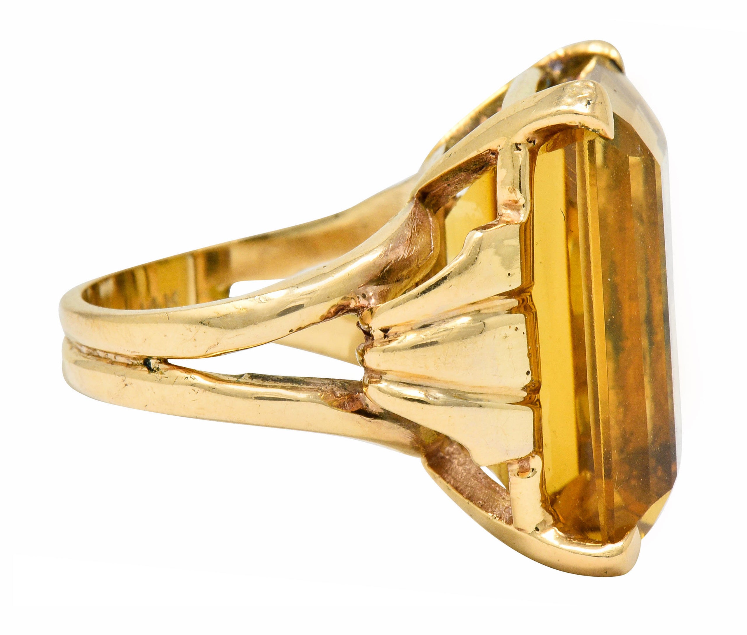 Retro Emerald Cut Citrine 14 Karat Gold Statement Ring Circa 1940 - Wilson's Estate Jewelry