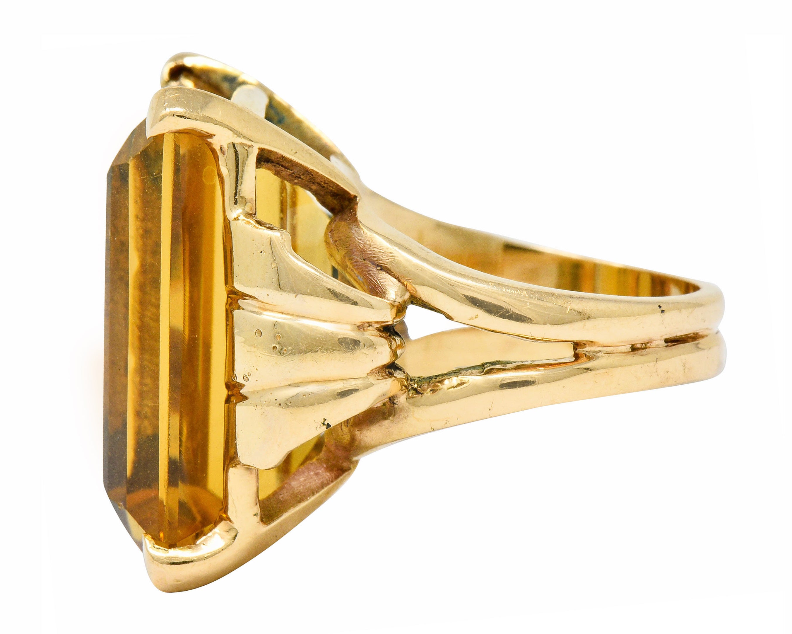 Retro Emerald Cut Citrine 14 Karat Gold Statement Ring Circa 1940 - Wilson's Estate Jewelry