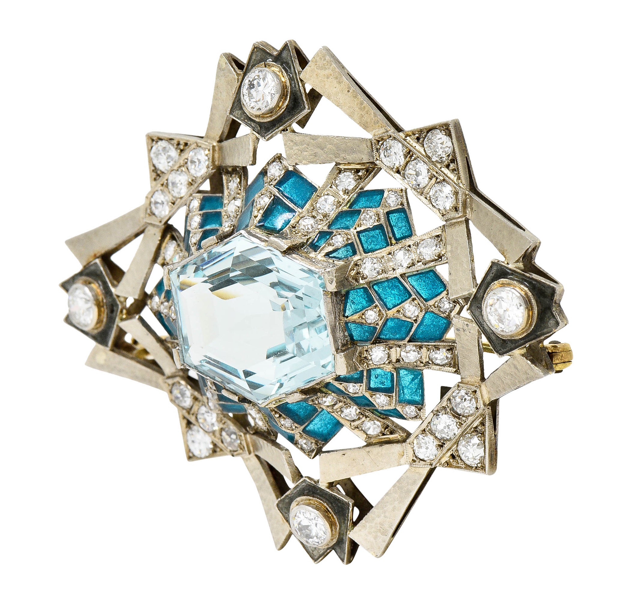 Art Deco 16.90 CTW Aquamarine Diamond Plique-A-Jour 14 Karat White Gold BroochBrooch - Wilson's Estate Jewelry