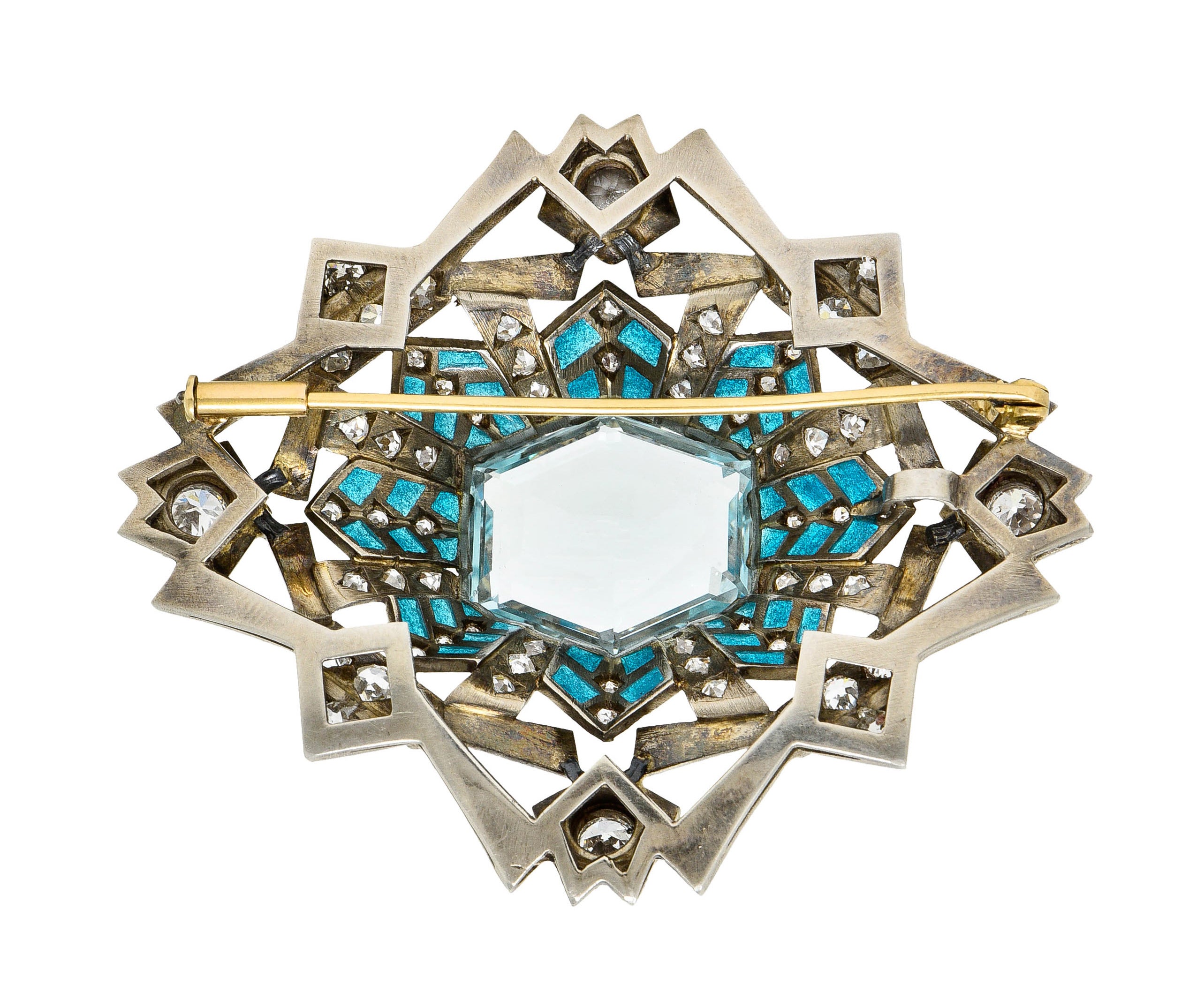 Art Deco 16.90 CTW Aquamarine Diamond Plique-A-Jour 14 Karat White Gold BroochBrooch - Wilson's Estate Jewelry