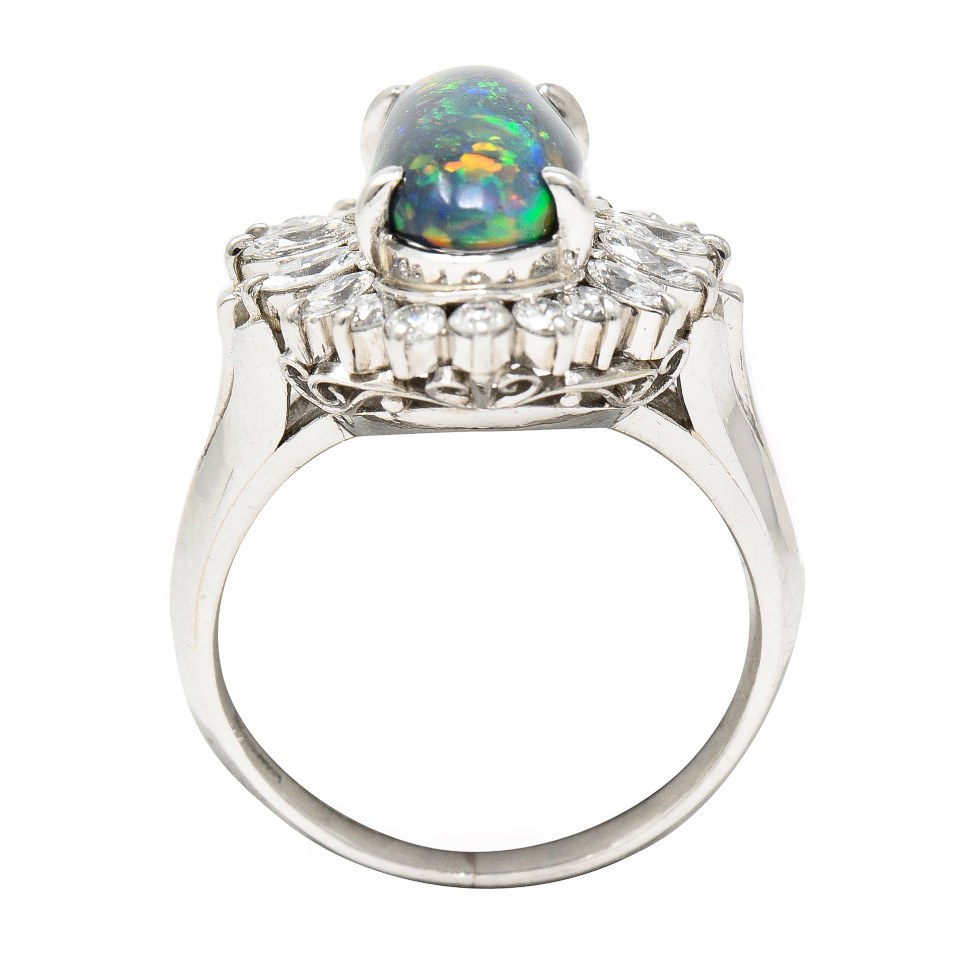 Vintage Black Opal Cabochon Marquise Cut Diamond Platinum Cluster Ring Wilson's Estate Jewelry