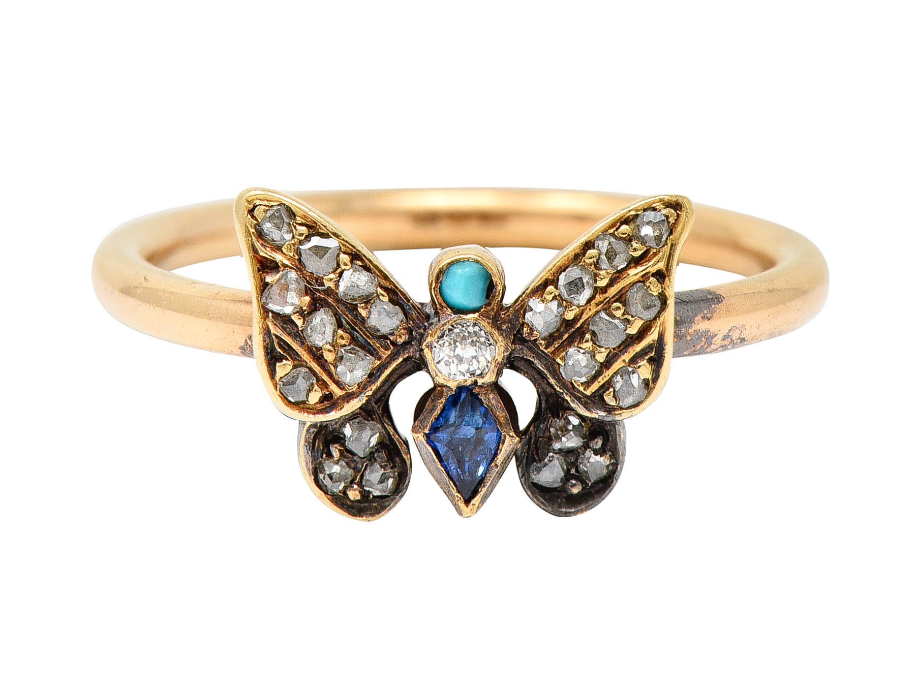 Victorian Diamond Sapphire Turquoise 14 & 18 Karat Rose Gold Butterfly RingRing - Wilson's Estate Jewelry