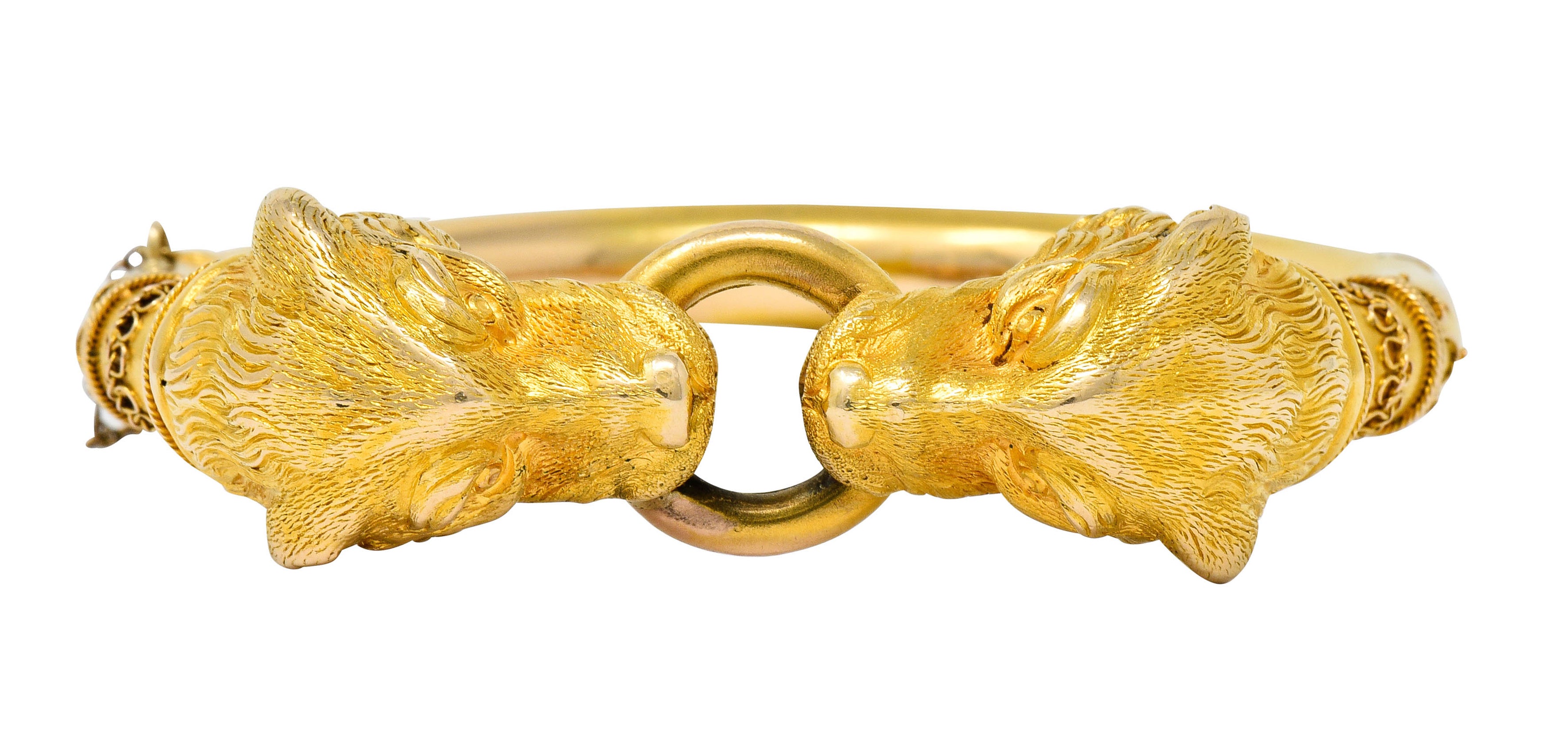 Victorian Etruscan Revival 18 Karat Gold Double Lion Head Cuff Bracelet - Wilson's Estate Jewelry