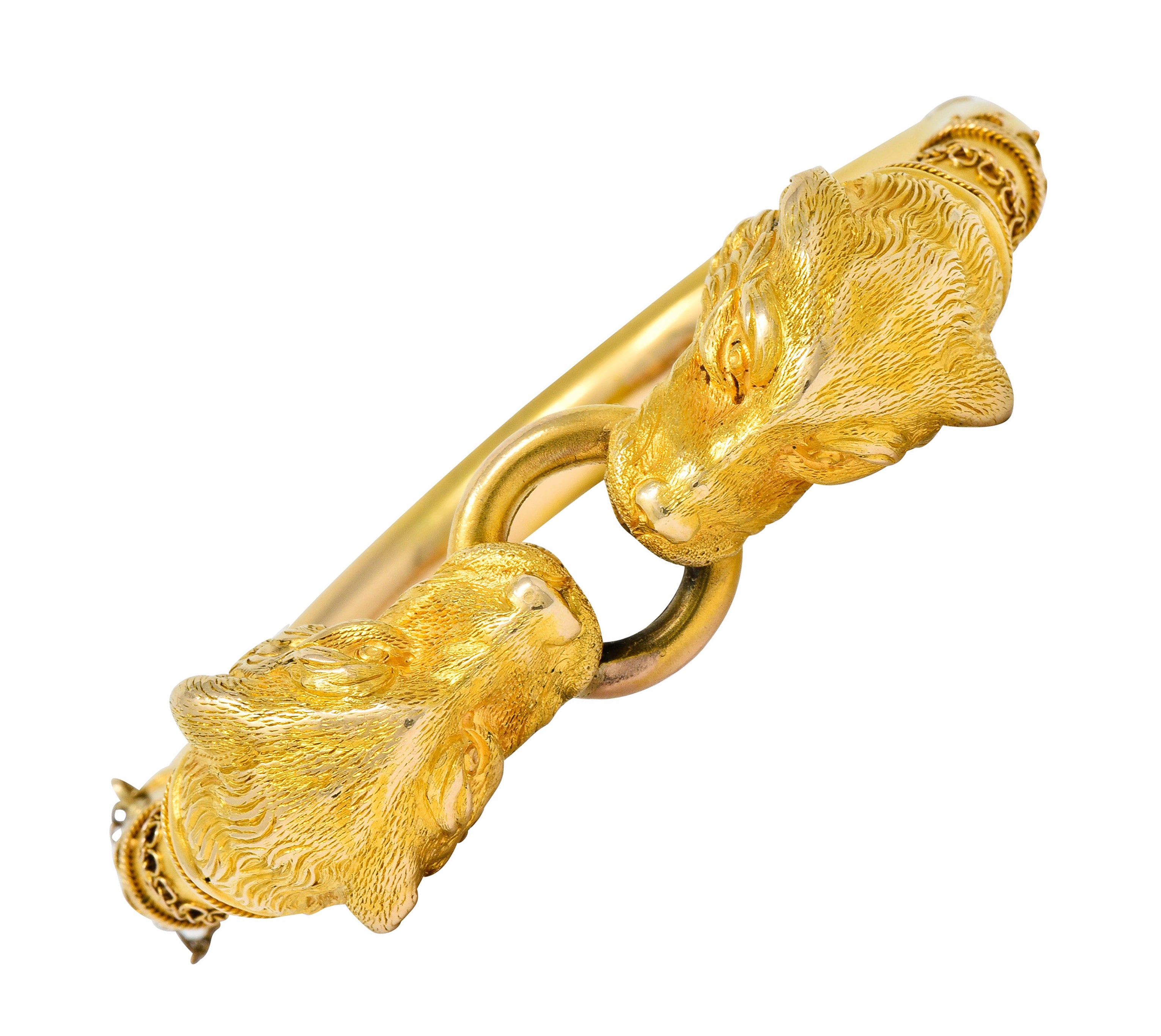 Victorian Etruscan Revival 18 Karat Gold Double Lion Head Cuff Bracelet - Wilson's Estate Jewelry