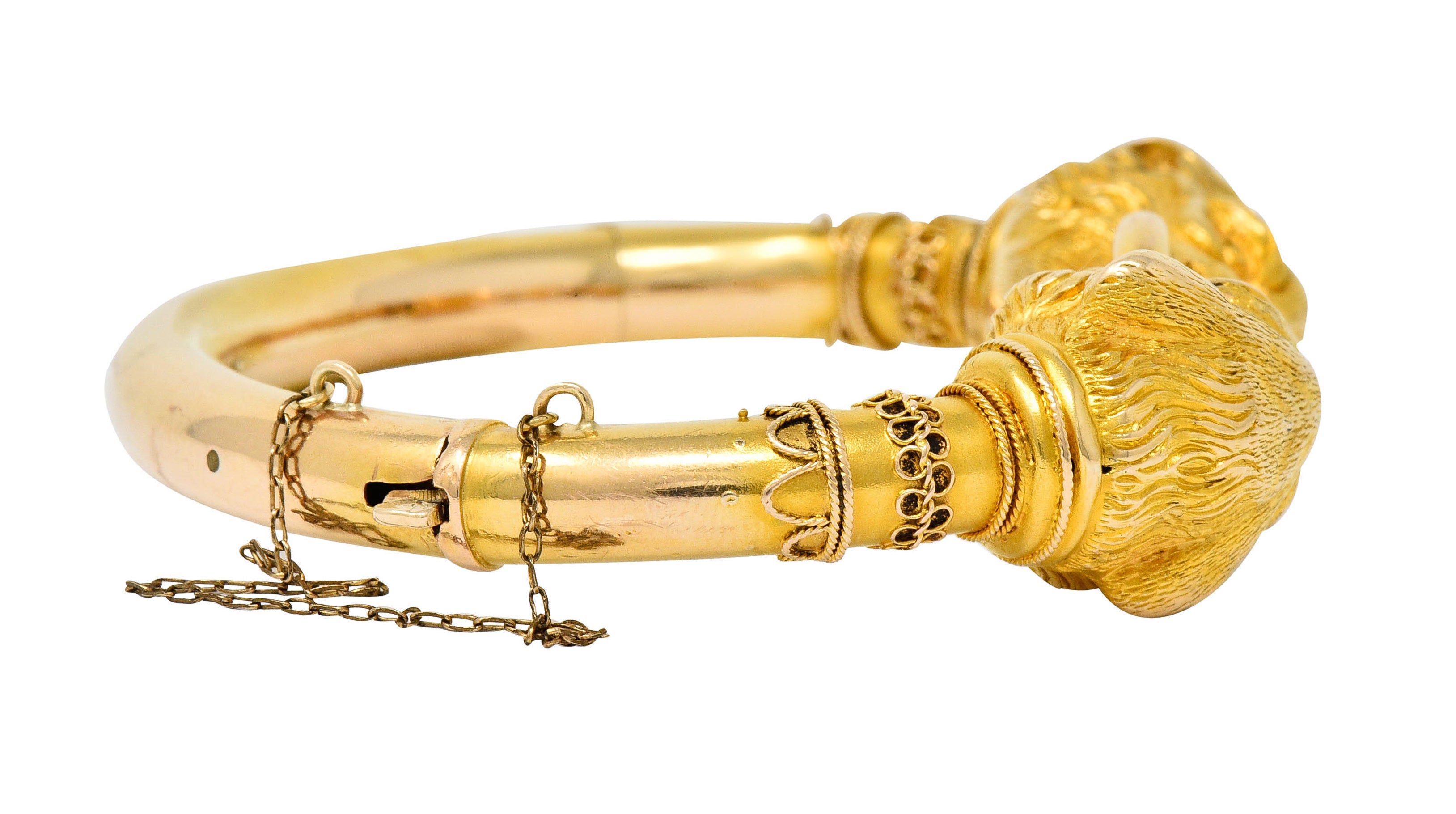 Victorian Etruscan Revival 18 Karat Gold Double Lion Head Cuff Bracelet - Wilson's Estate Jewelry