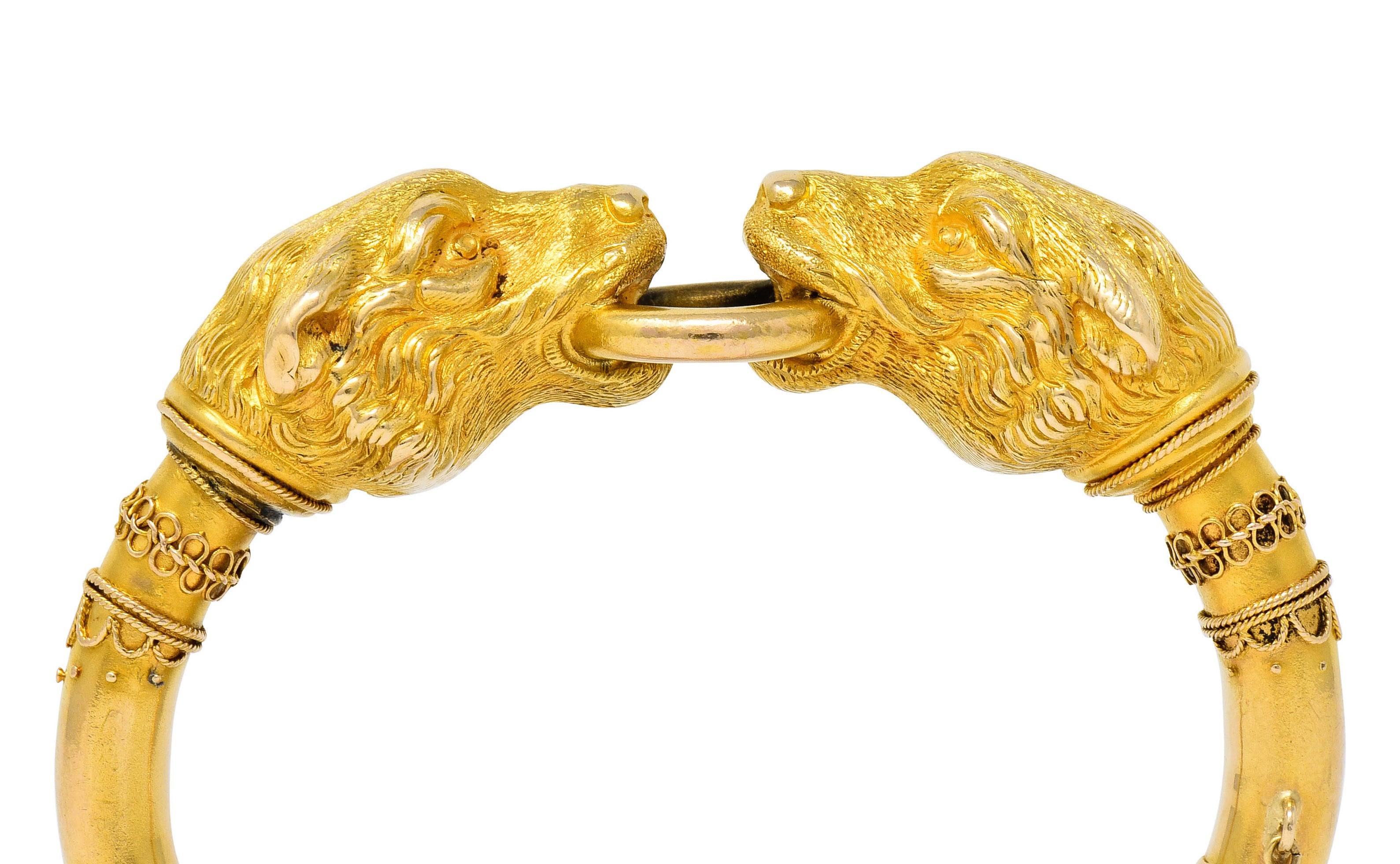 Victorian Etruscan Revival 18 Karat Gold Double Lion Head Cuff Bracelet - Wilson's Estate Jewelry