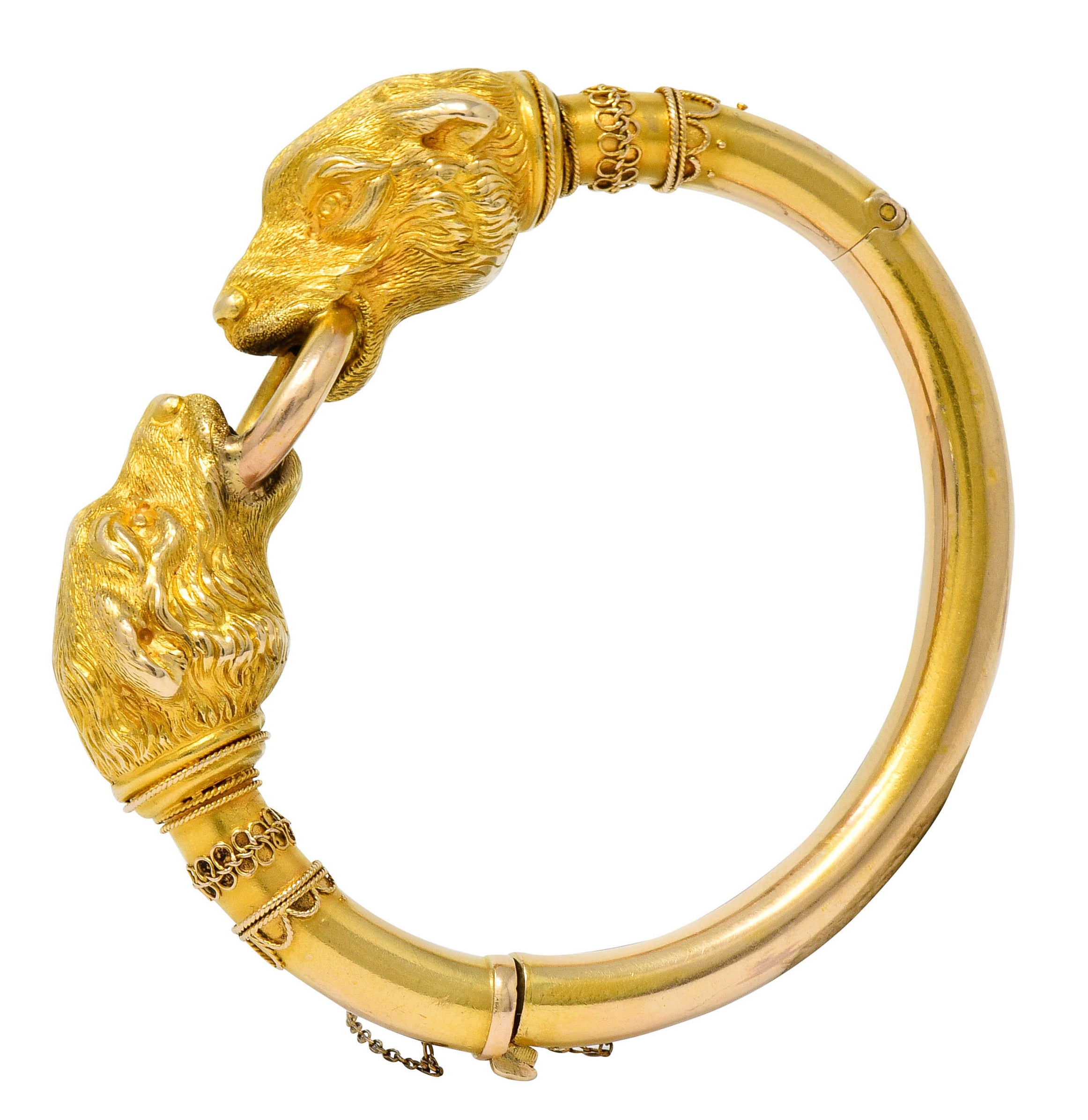 Victorian Etruscan Revival 18 Karat Gold Double Lion Head Cuff Bracelet - Wilson's Estate Jewelry