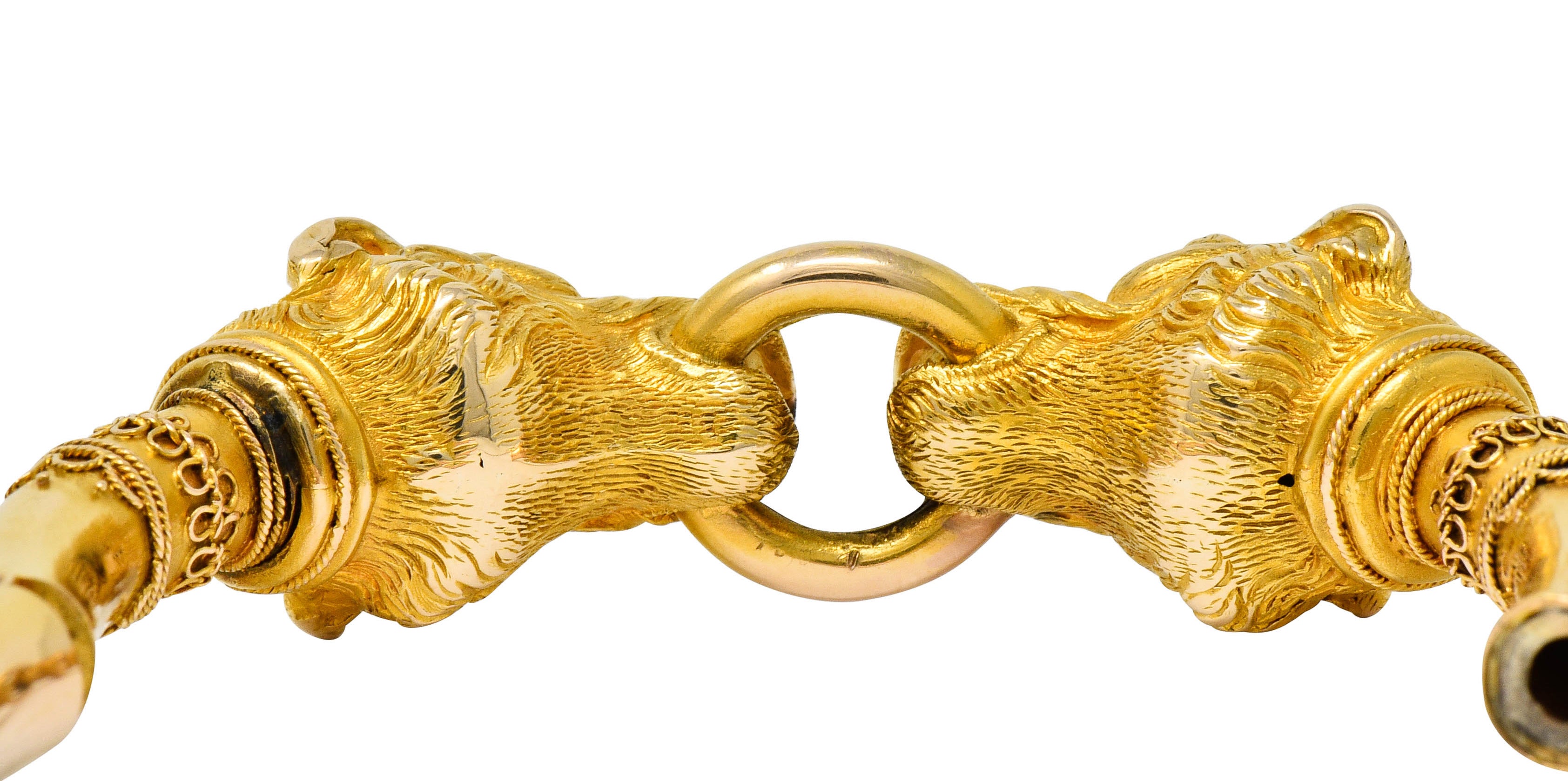 Victorian Etruscan Revival 18 Karat Gold Double Lion Head Cuff Bracelet - Wilson's Estate Jewelry