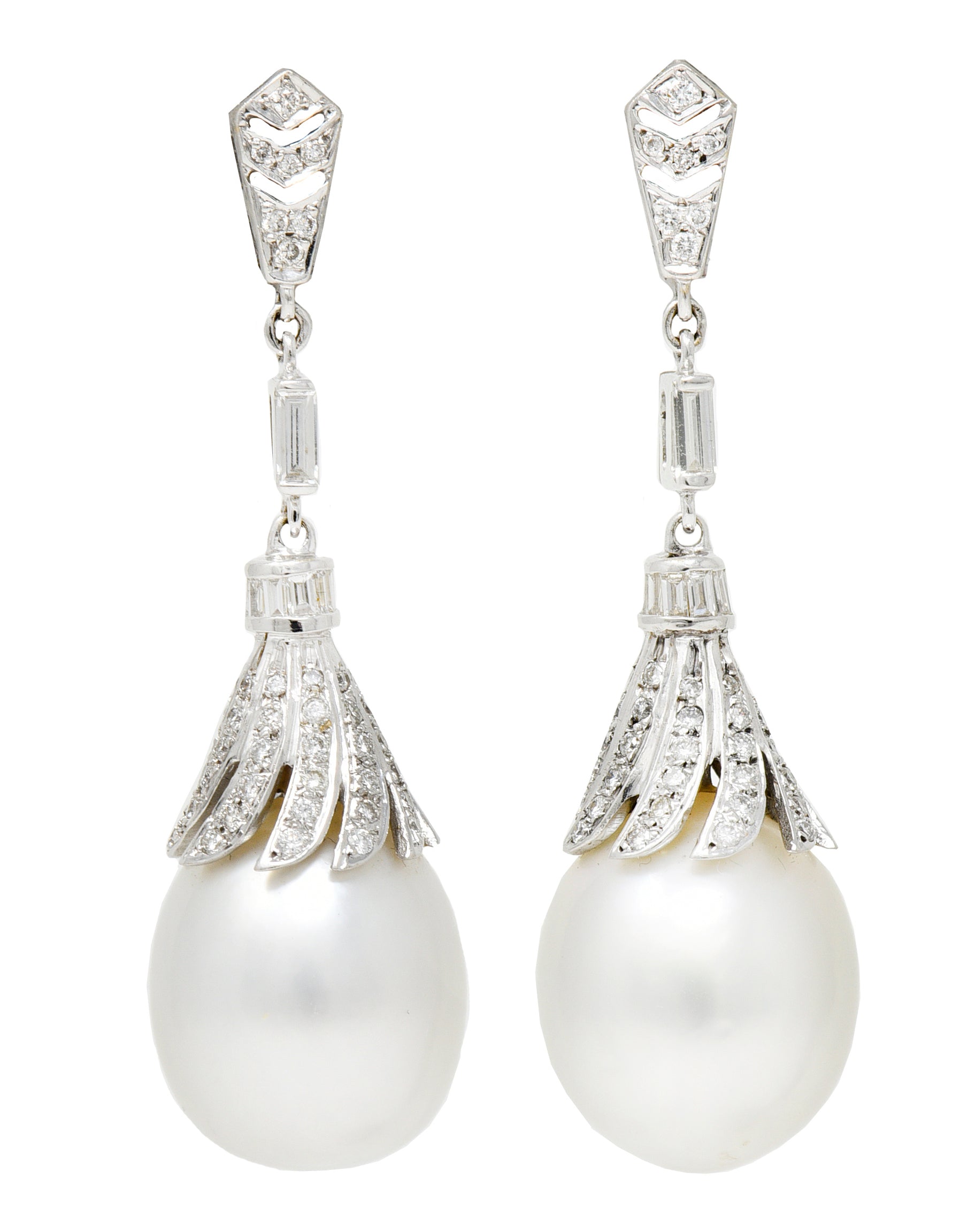 1950's Mid-Century South Sea Pearl 1.75 CTW Diamond 18 Karat White Gold Vintage Drop Earrings Wilson's Estate Jewelry