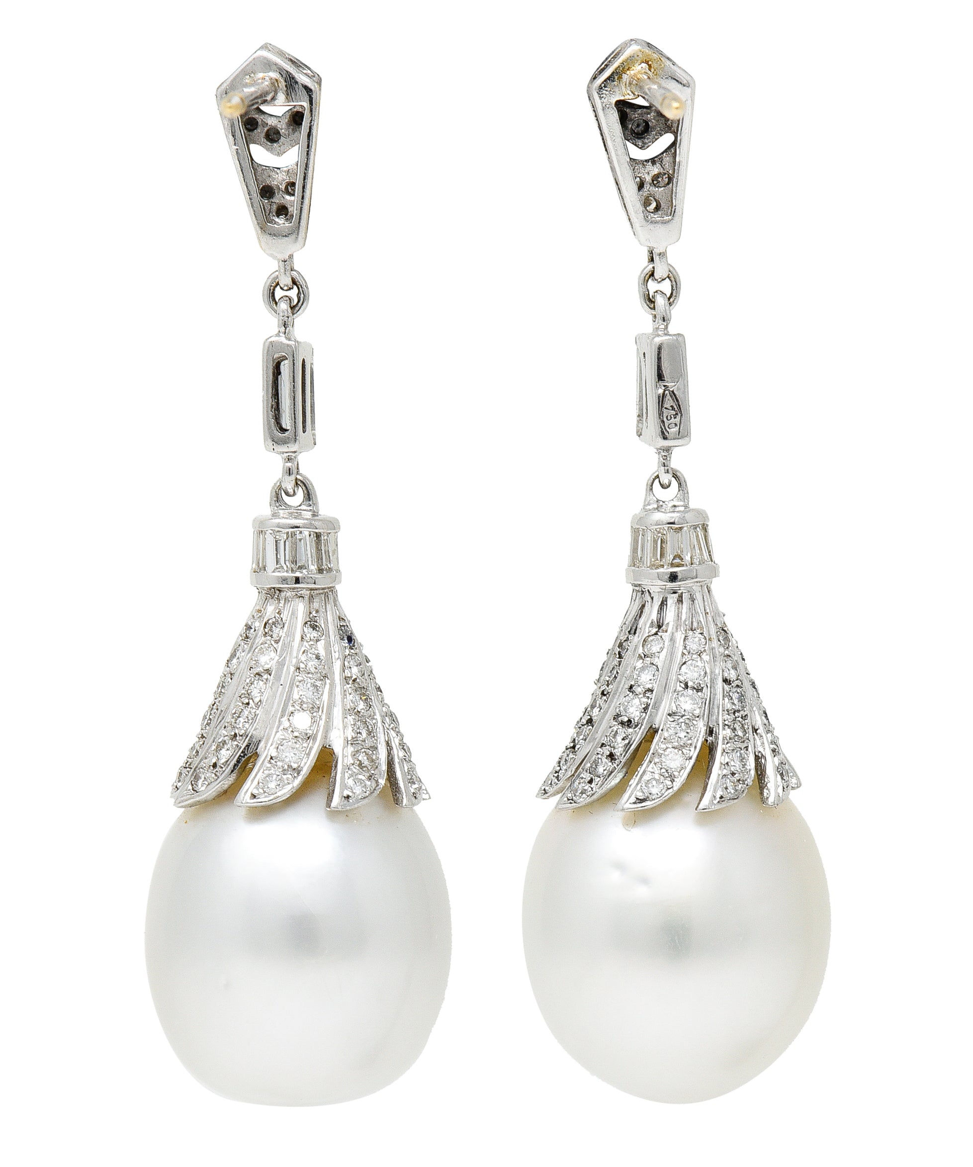 1950's Mid-Century South Sea Pearl 1.75 CTW Diamond 18 Karat White Gold Vintage Drop Earrings Wilson's Estate Jewelry