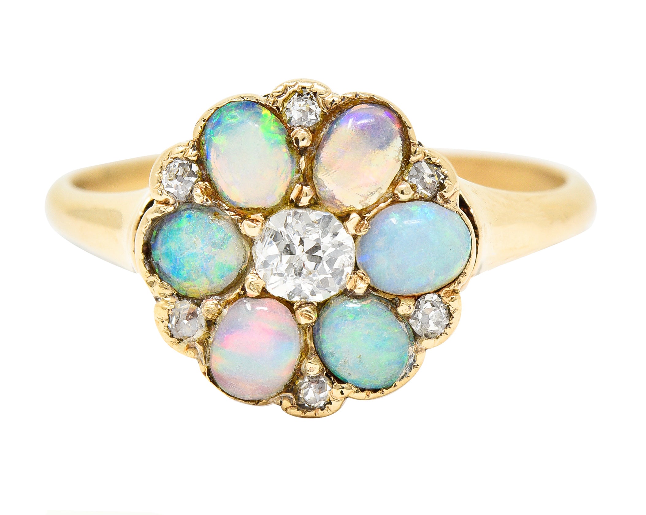 Victorian Old European Cut Diamond Opal Cabochon 14 Karat Yellow Gold Floral Antique Cluster Ring Wilson's Estate Jewelry