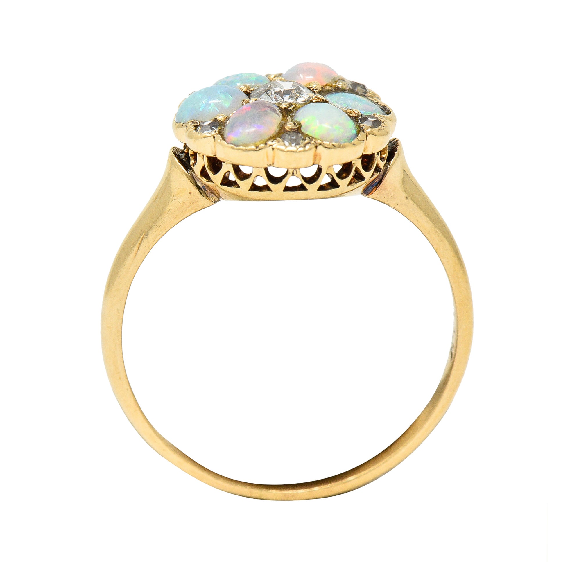 Victorian Old European Cut Diamond Opal Cabochon 14 Karat Yellow Gold Floral Antique Cluster Ring Wilson's Estate Jewelry