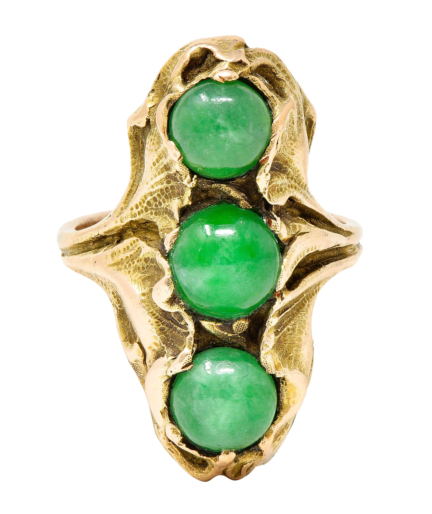 Walton & Co. Arts & Crafts Jade Cabochon 14 Karat Yellow Gold Antique Ginkgo Ring Wilson's Estate Jewelry