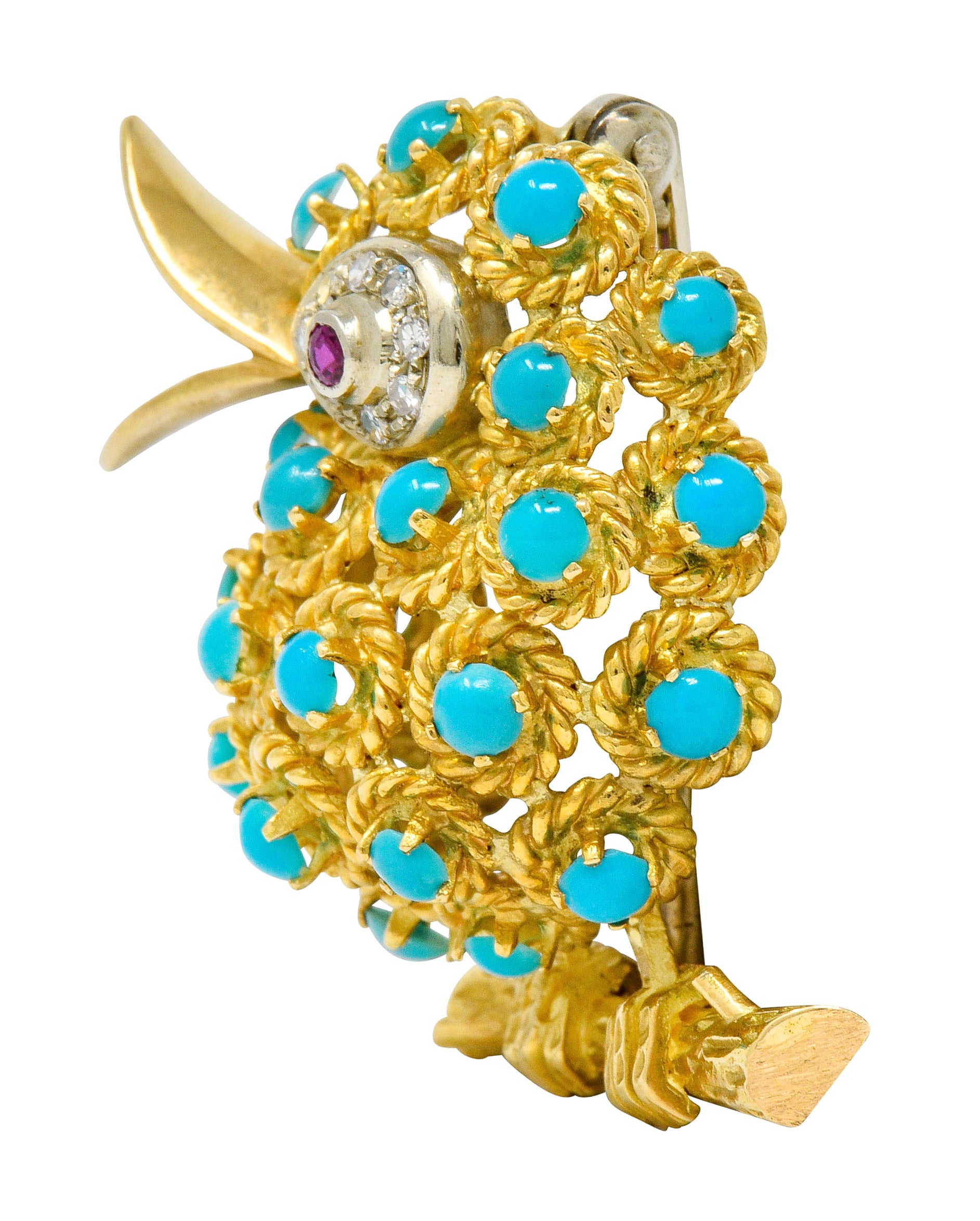 1960's Vintage Turquoise Diamond Ruby 18 Karat Gold Singing Bird Brooch - Wilson's Estate Jewelry