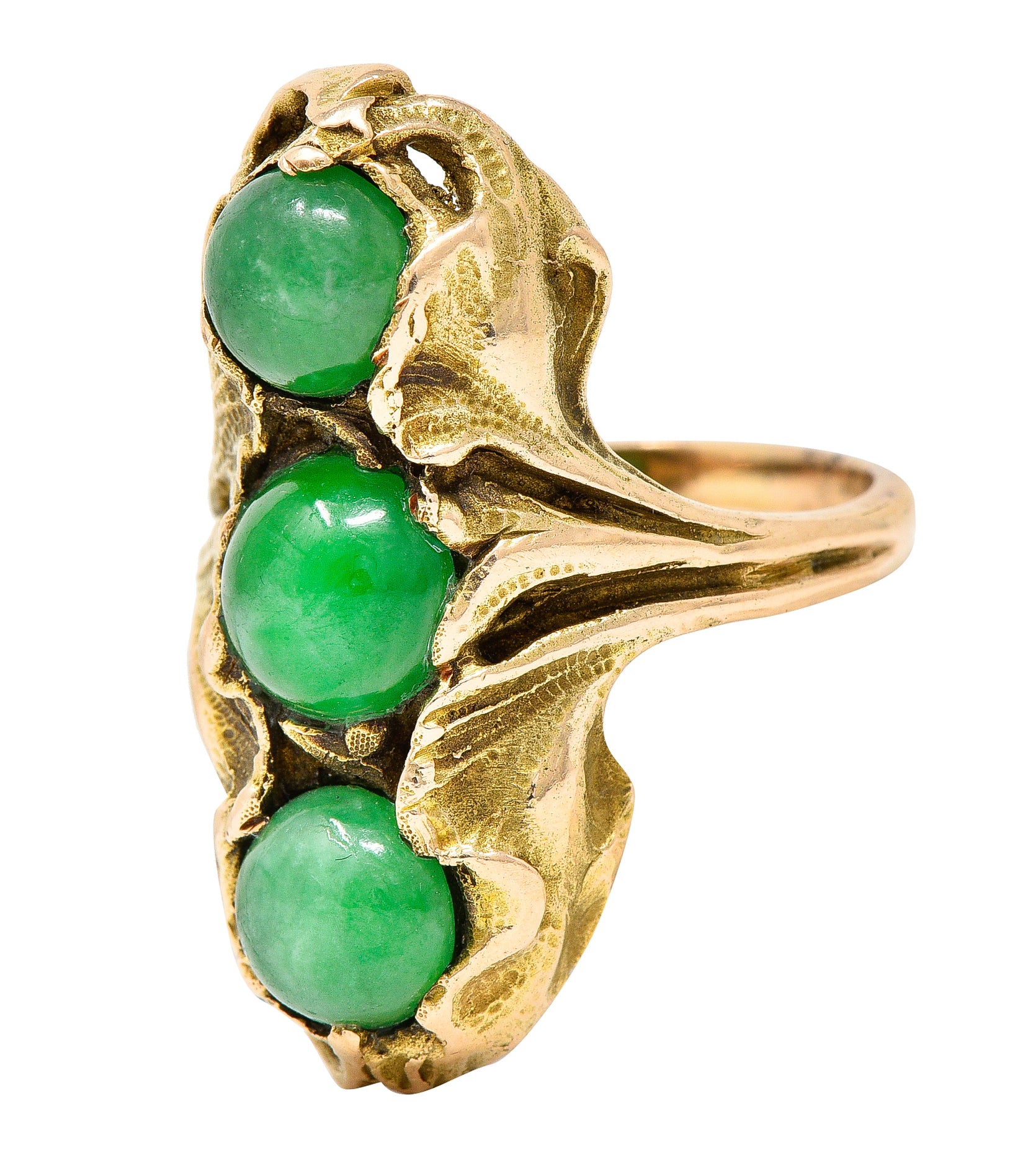 Walton & Co. Arts & Crafts Jade Cabochon 14 Karat Yellow Gold Antique Ginkgo Ring Wilson's Estate Jewelry