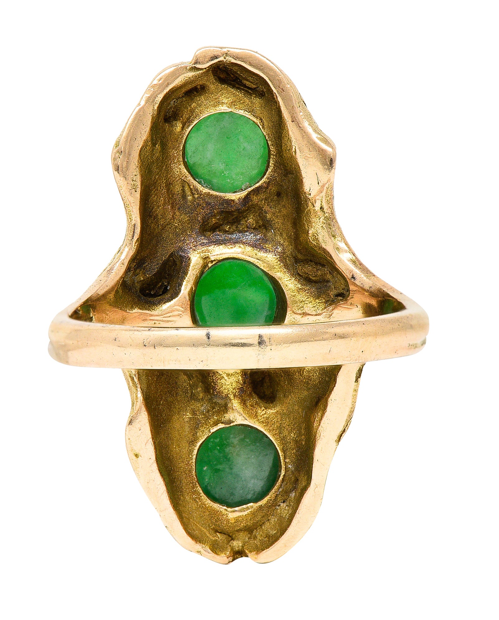 Walton & Co. Arts & Crafts Jade Cabochon 14 Karat Yellow Gold Antique Ginkgo Ring Wilson's Estate Jewelry