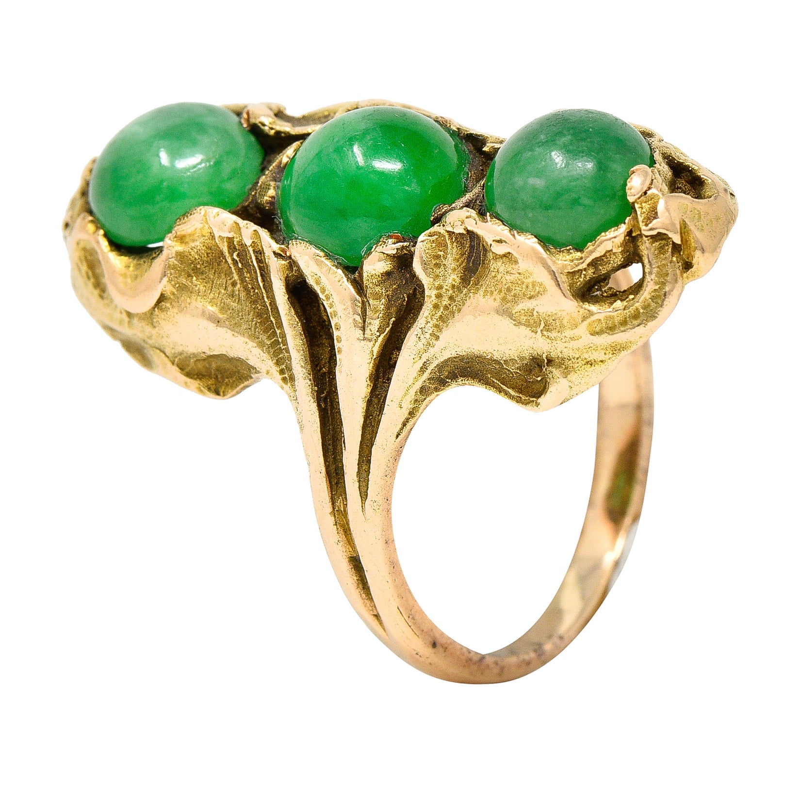 Walton & Co. Arts & Crafts Jade Cabochon 14 Karat Yellow Gold Antique Ginkgo Ring Wilson's Estate Jewelry