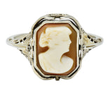 1929 Art Deco Onyx Shell Cameo 14 Karat White Gold Date Flip Ring - Wilson's Estate Jewelry