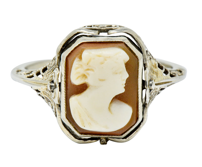 1929 Art Deco Onyx Shell Cameo 14 Karat White Gold Date Flip Ring - Wilson's Estate Jewelry