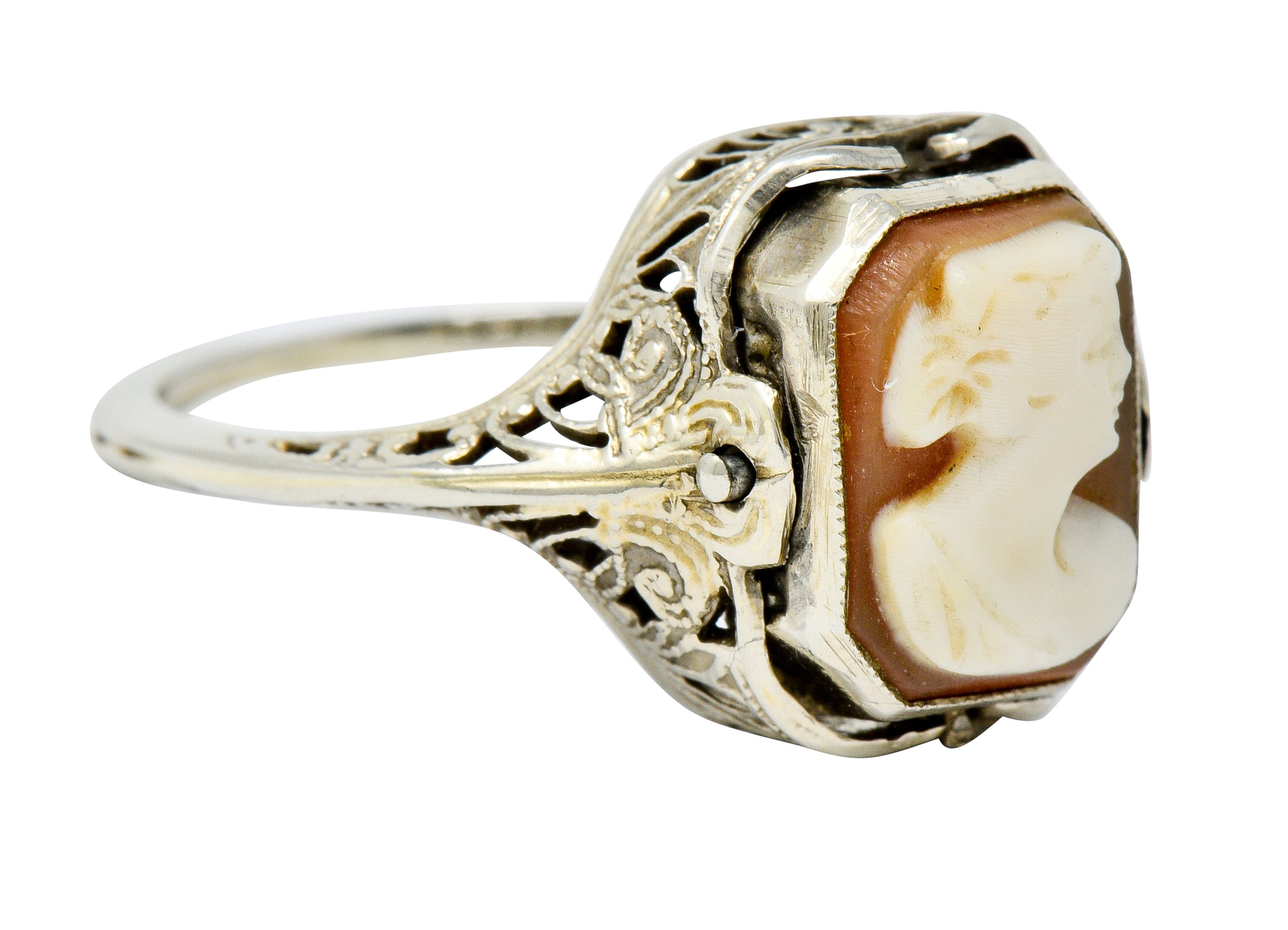 1929 Art Deco Onyx Shell Cameo 14 Karat White Gold Date Flip Ring - Wilson's Estate Jewelry